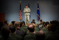 Lt. Gen. Bradley Heithold, Air Force Special Operations Command commander, speaks to 34th Special Operations Squadron Airmen during his tour of Hurlburt Field, Fla., Dec. 11, 2014. Heithold toured Hurlburt, discussed the AFSOC mission and highlighted the importance of family. (U.S. Air Force photo/Senior Airman Krystal M. Garrett)  