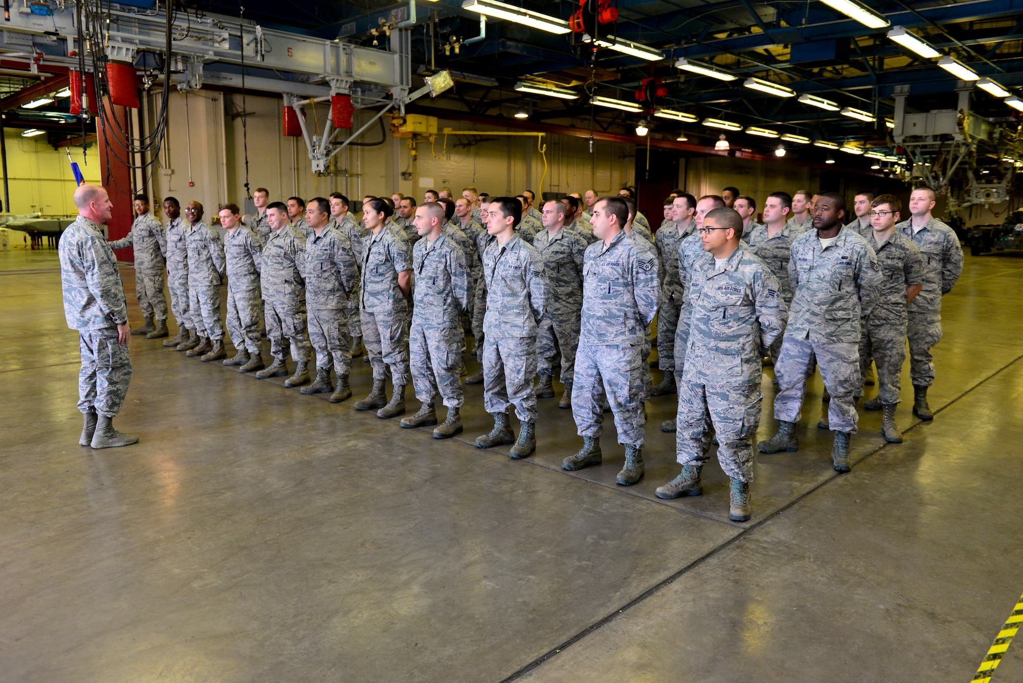 Lt. Gen. Stephen Wilson, commander of Air Force Global Strike Command, visits Airmen with the 2nd Munitions Squadron on Barksdale Air Force Base, La., Dec. 16, 2014. Airmen from the 2nd MUNS provide mission capable missiles and bombs whenever called upon. (U.S. Air Force photo/Airman 1st Class Mozer O. Da Cunha) 