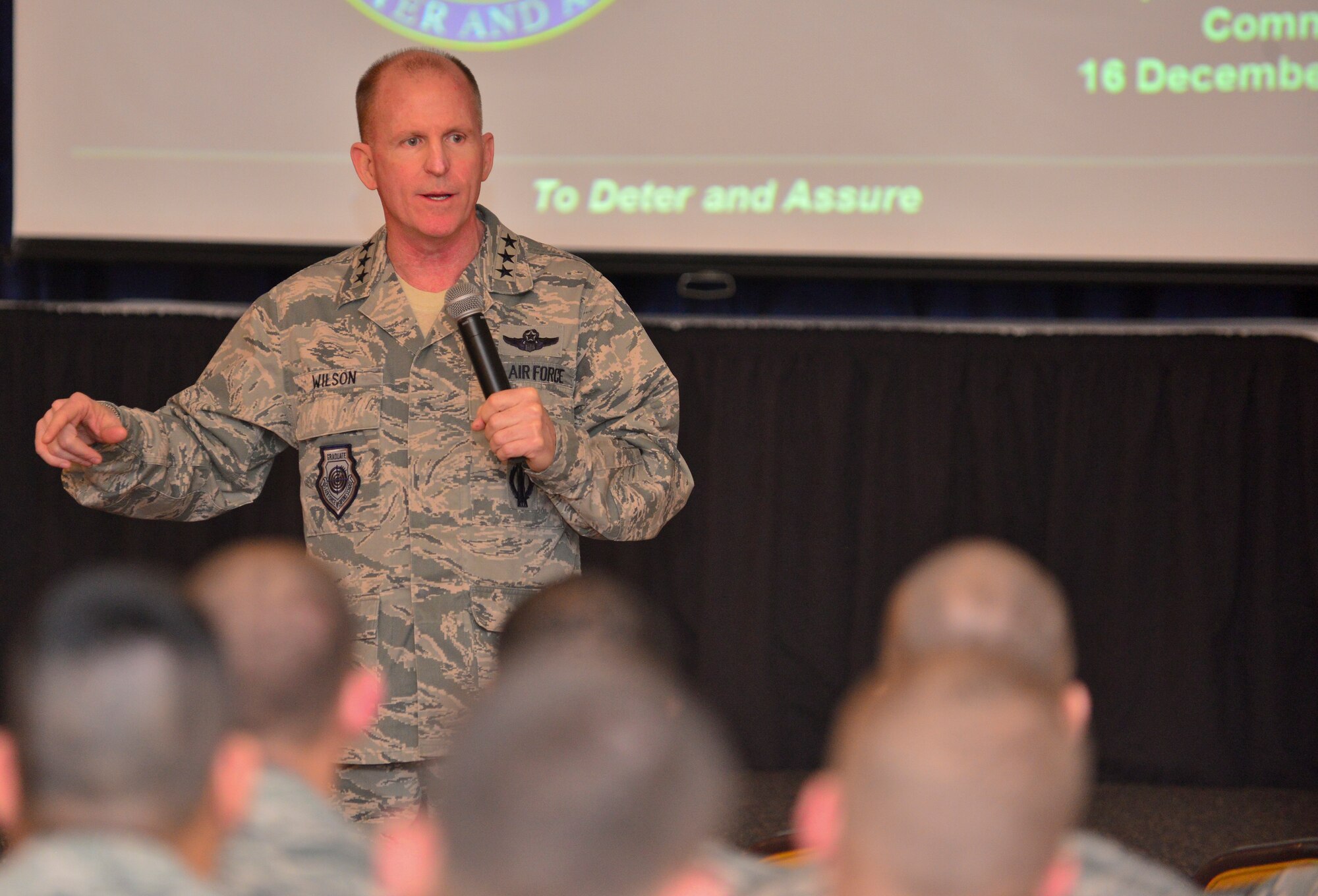 Lt. Gen. Stephen Wilson commander, of Air Force Global Strike Command, speaks at the 2014 Joint Professional Development Seminar hosted at Barksdale Air Force Base, La., Dec. 16. The JPDS brings together noncommissioned officers and senior noncommissioned officers from different branches of the military with a focus of SNCO and NCO professional development. (U.S. Air Force photo/Airman 1st Class Mozer O. Da Cunha) 