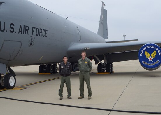 1st Lt. Cody Hoylman and Capt. James Quon, both pilots for the 906th Air Refueling Squadron assigned to the 126 Air Refueling Wing, Scott Air Force Base, Ill., were recently selected for the initial operational test and evaluation aircrew for the KC-46 Pegasus. The active duty Air Force pilots currently fly the KC-135R Stratotanker for the Illinois Air National Guard under an Active Association. (Air National Guard photo by Senior Airman Elise Stout)