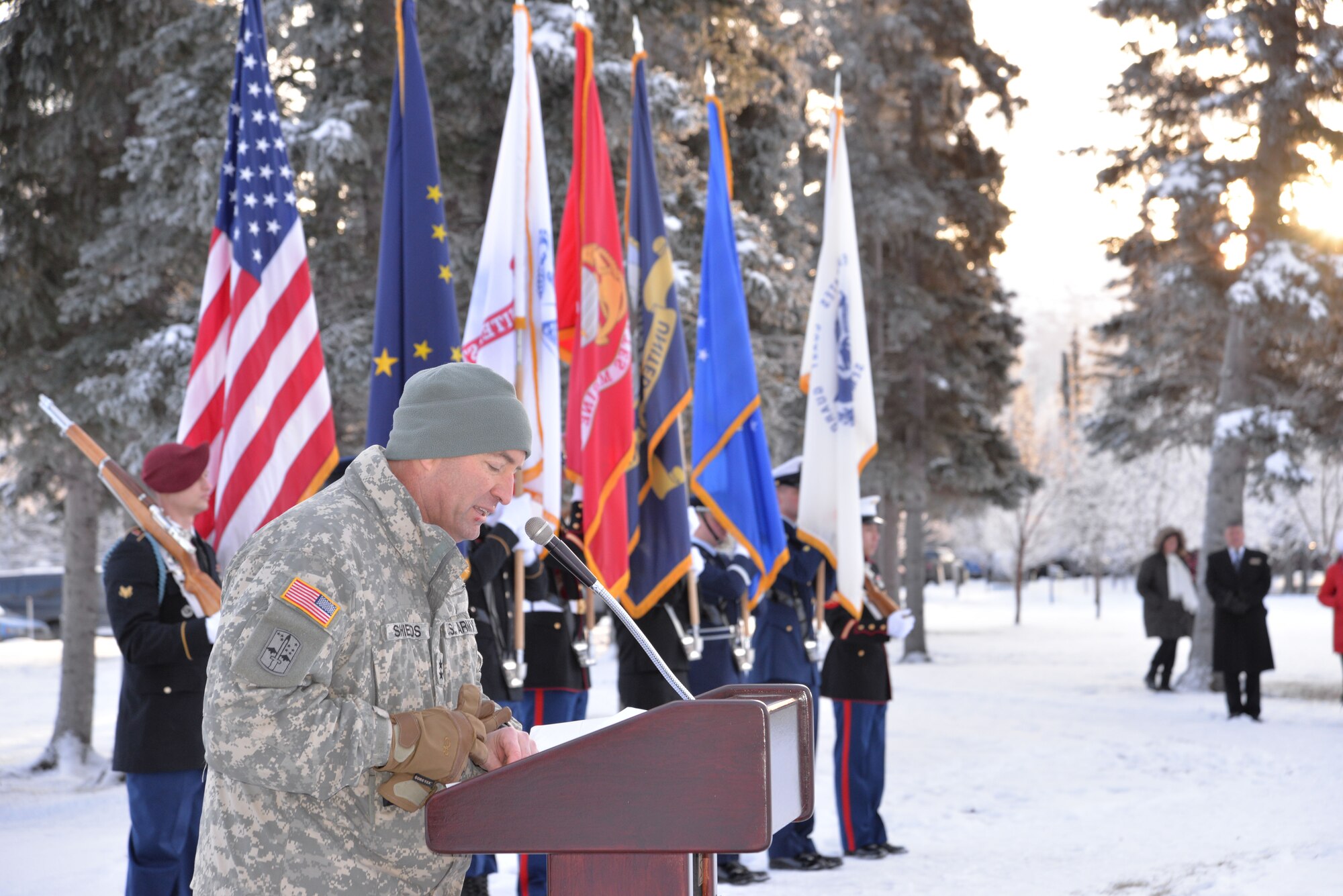 Army Maj. Gen. Michael Shields, Commanding General of U.S. Army Alaska, addresses visitors at Fort Richardson National Cemetery Dec. 13 during the local observance of “Wreaths Across America,” a nationwide program honoring fallen veterans each holiday season. (U.S. Air Force photo/Song Johnson)