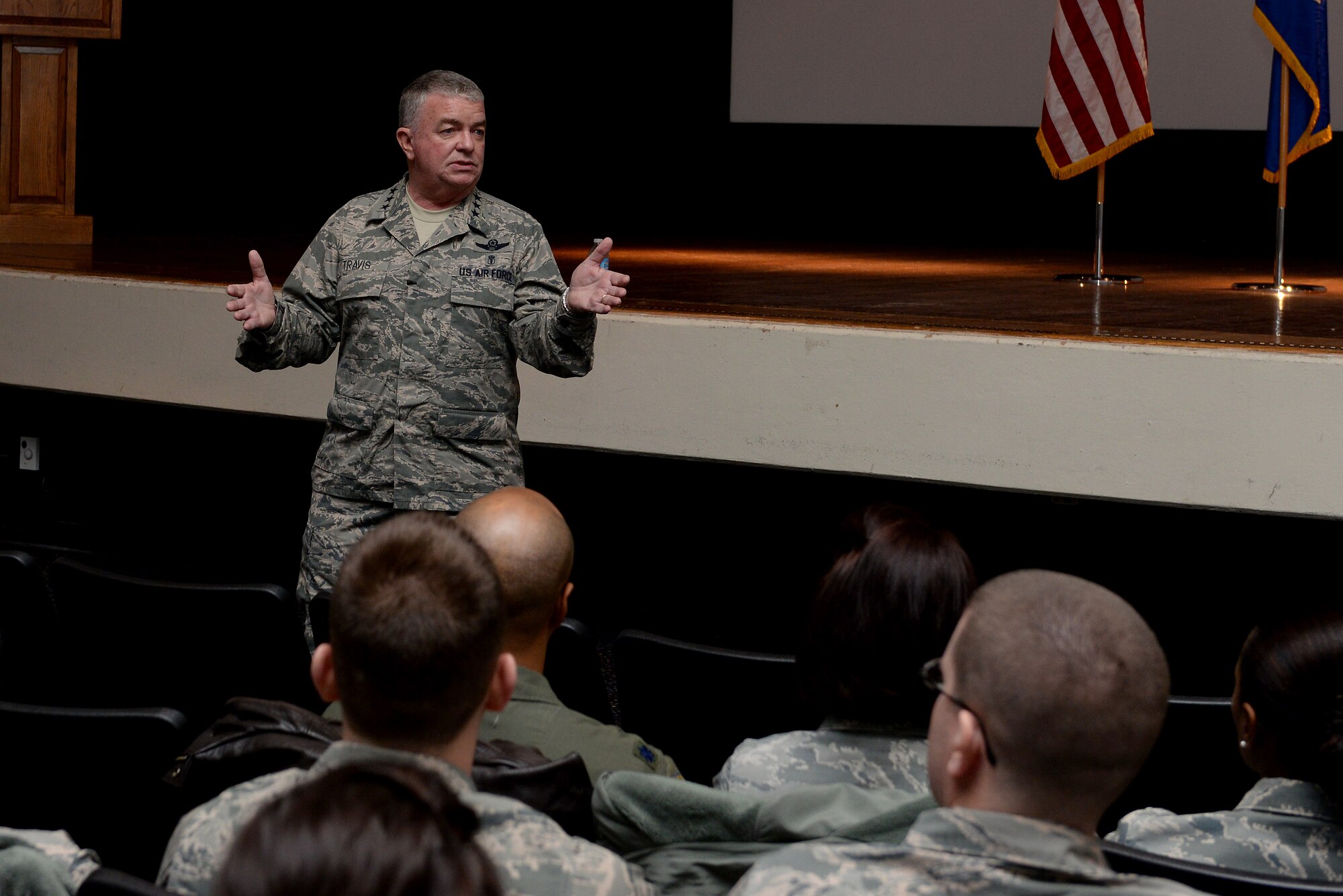 Lt. Gen. Thomas Travis, Air Force Surgeon General, visited Scott Air Force Base, Ill. for the first time Dec. 8, 2014. General Travis toured the many clinics in the 375th Medical Group Dec. 10, 2014 after speaking about leadership at a 375th MDG all-call. Throughout the day, he recognized many airmen for the hard work they have accomplished. Members of the 375th MDG also briefed General Travis about their clinic’s mission and goals. General Travis had a chance to visit the 375th Aeromedical Evacuation Squadron and Belleville Family Clinic as well. (U.S. Air Force photo/ Airman 1st Class Kiana Brothers) 