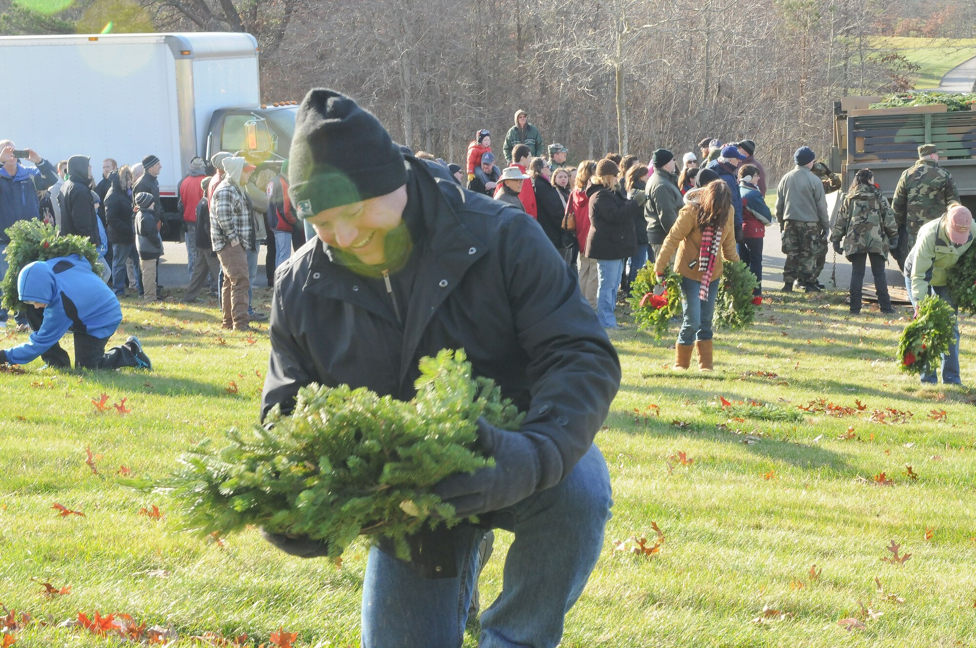 More than 10 organizations and dozens of volunteers took part in the annual Wreaths Across America event at the National Cemetery in Bourne, Massachusetts on December 13,2014. Together, all involved layed more than 4,400 wreaths on the graves of those buried in the cemetery.