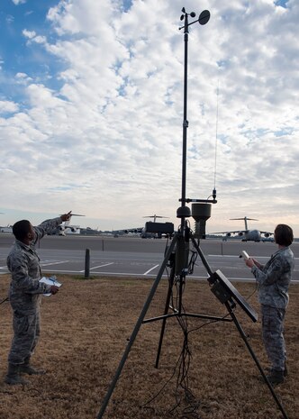 Senior Airman Lance Hayes points out cloud patterns to Staff Sgt. Maelyn Belmondo in front of a Tactical Meteorological Observing System, Dec. 11, 2014, at Joint Base Charleston, S.C. The JB Charleston Weather Flight participated in a three-day Manual Observing Weather exercise Dec. 10 – 12, requiring weather forecasters to manually observe weather patterns and weather data. Hayes is a Weather Flight weather forecaster and Belmondo is a Weather Flight Mission Services NCOIC. (U.S. Air Force photo/Senior Airman Jared Trimarchi) 