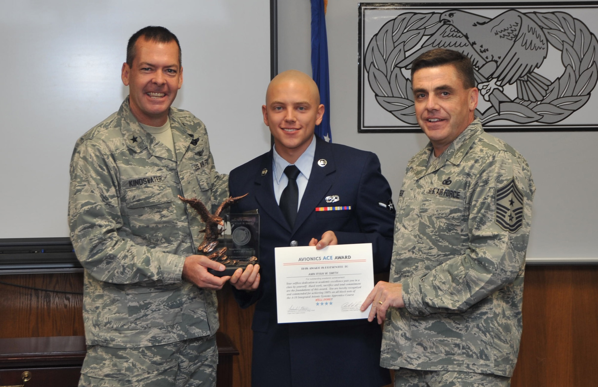 Airman Ryan Smith, 365th Training Squadron A-10/U2 avionics graduate, received the ACE award on Dec. 4, 2014, at Sheppard Air Force Base, Texas, for scoring 100 percent on all 11 block tests. Smith is the first ACE award recipient in the course’s two and a half-year existence. (U.S. Air Force photo/Airman 1st Class Robert L. McIlrath)

