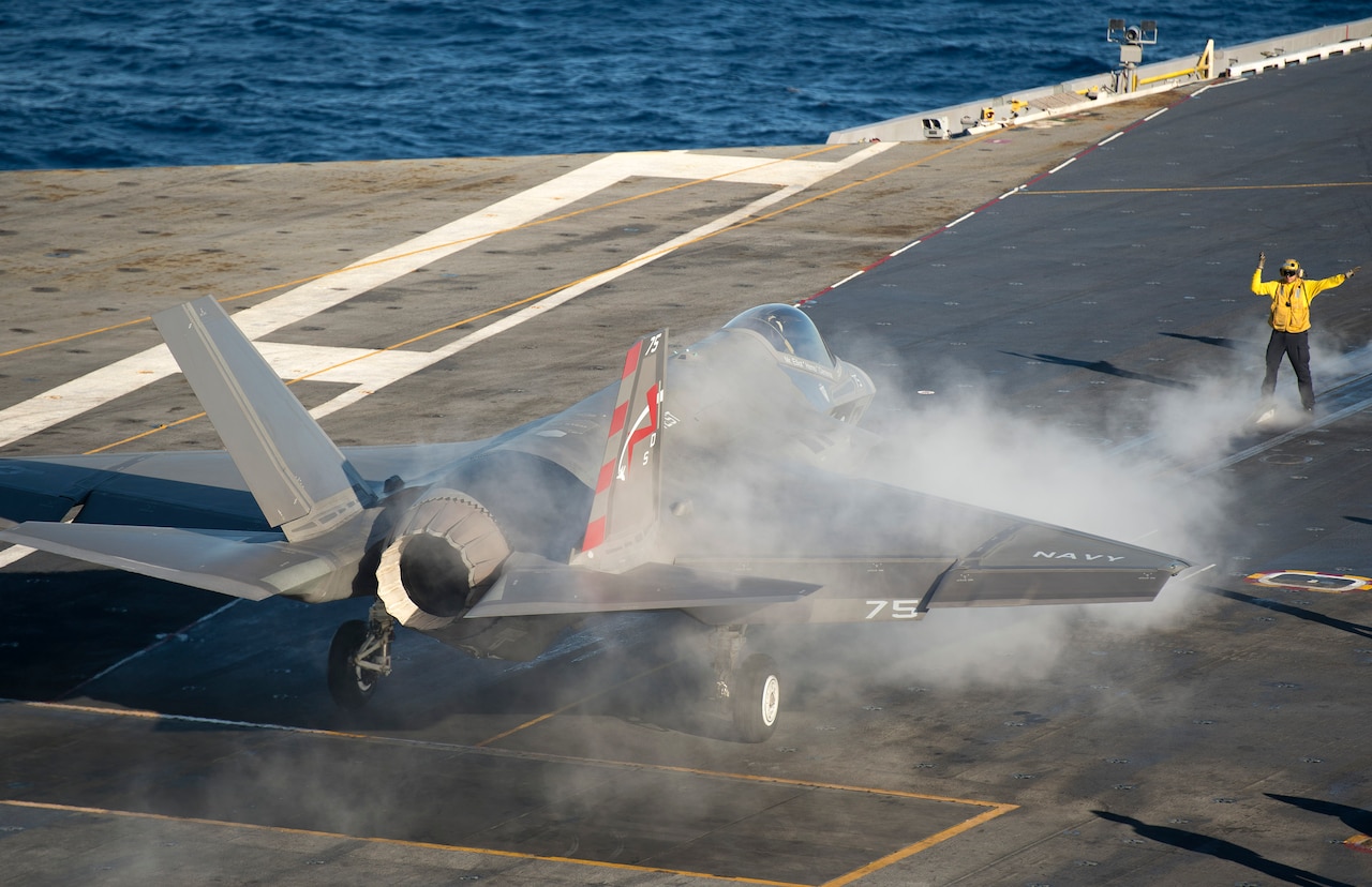 An F-35C Lightning II joint strike fighter carrier variant prepares to launch from the aircraft carrier USS Nimitz in the Pacific Ocean, Nov. 6, 2014. U.S. Navy photo, courtesy of Lockheed Martin by Andy Wolfe