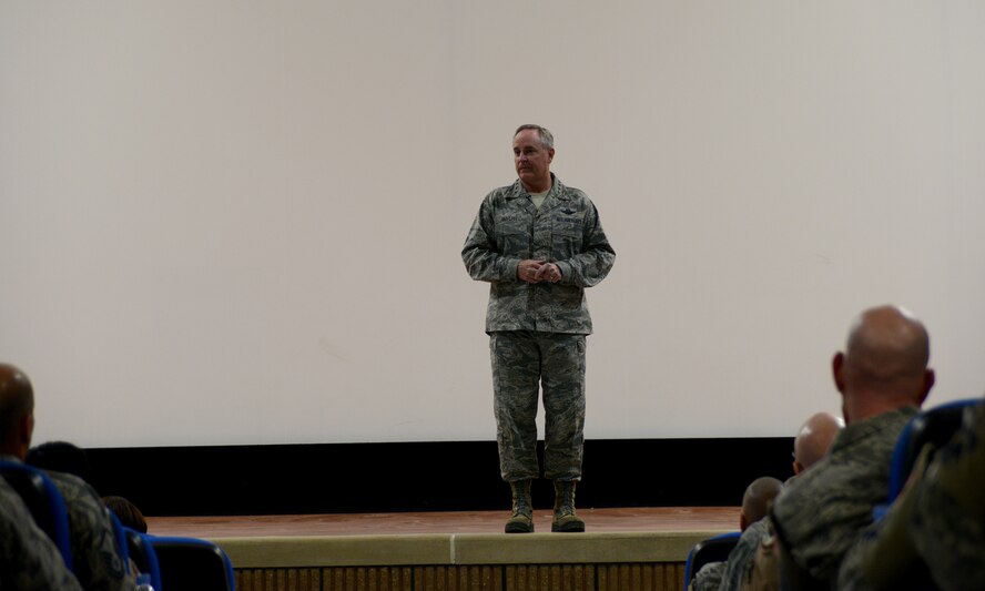 U.S. Air Force Chief of Staff Gen. Mark A. Welsh III speaks with Airmen during an all call, Dec. 14, 2014, at Al Udeid Air Base, Qatar. During the All Call, Welsh emphasized how thankful he was for all the hard work performed by Airmen every day. He also discussed current Air Force issues such as the force shaping, sexual assault prevention, and changes to performance reports. (U.S. Air Force photo by Senior Airman Kia Atkins)