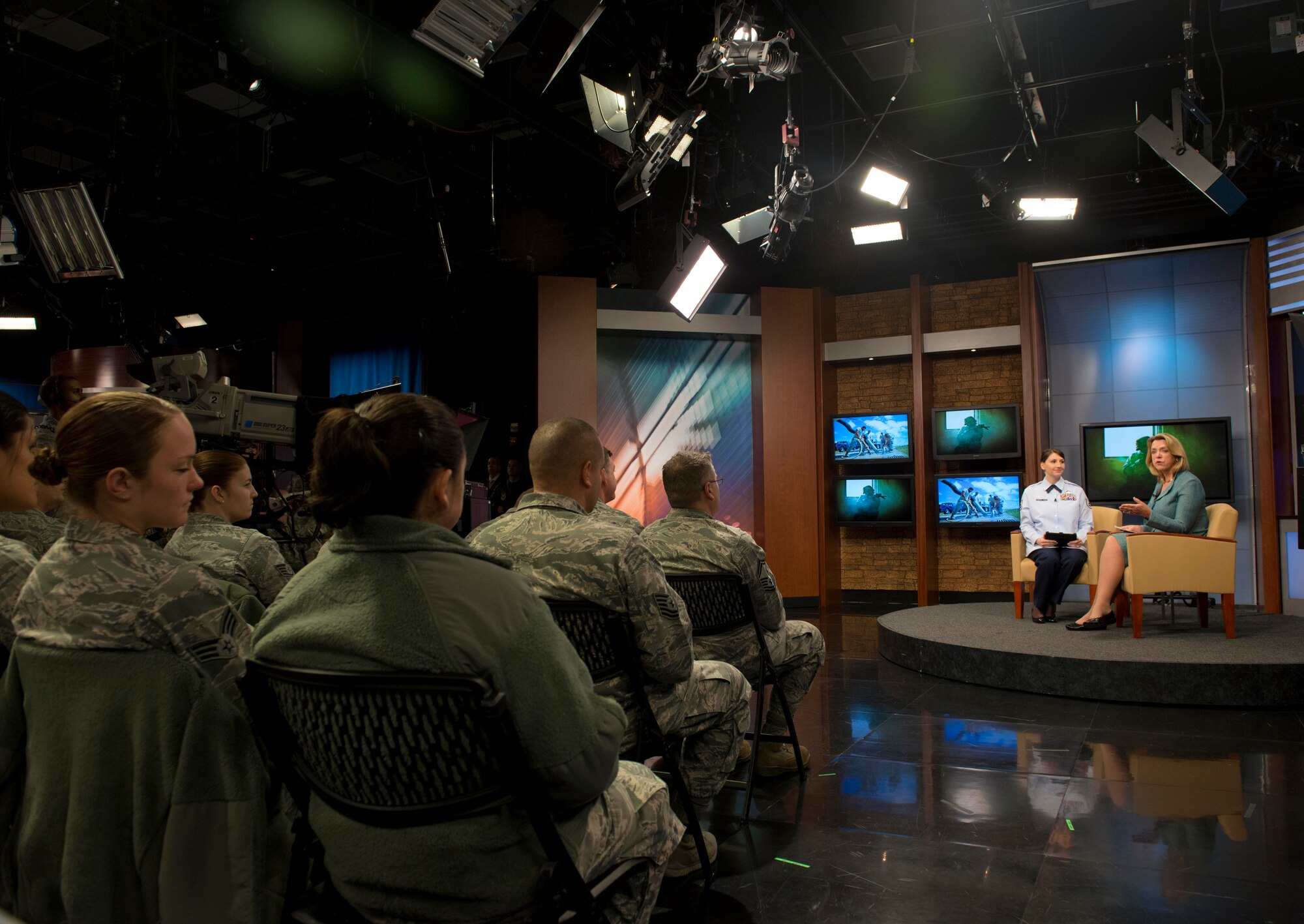 Secretary of the Air Force Deborah Lee James, right, sits with Staff Sgt. Holly Roberts-Davis, as James talks with Airmen during ‘Open Door with Secretary James,’ Dec. 16, 2014, at Fort George G. Meade, Md. James reflected on her first year as the service’s secretary answering questions directly from Airmen all over the world in an online town hall-style forum. (U.S. Air Force photo/Staff Sgt. Vernon Young Jr.)