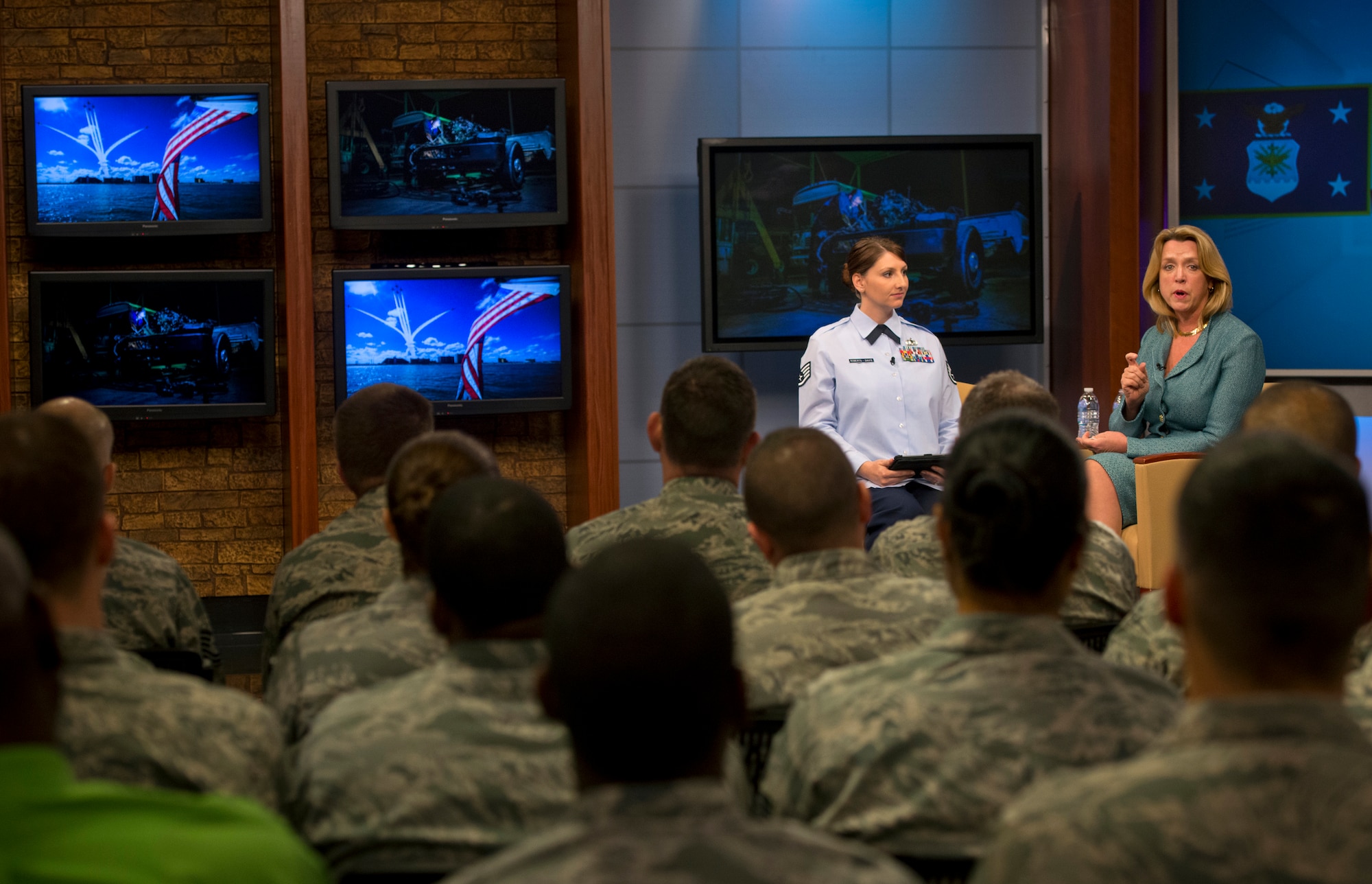 Secretary of the Air Force Deborah Lee James, right, sits with Staff Sgt. Holly Roberts-Davis, as James talks with Airmen during ‘Open Door with Secretary James,’ Dec. 16, 2014, at Fort George G. Meade, Md. James reflected on her first year as the service’s secretary answering questions directly from Airmen all over the world in an online town hall-style forum. (U.S. Air Force photo/Staff Sgt. Vernon Young Jr.)