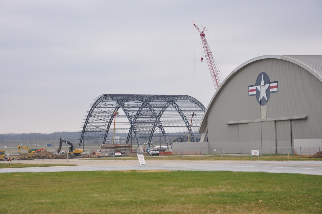 The structure of the new fourth building of the National Air Force Museum mirrors the design of the three existing hangars. 