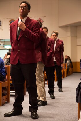 Students from Matthew C. Perry High School prepare to take the stage during the holiday concert, Dec. 15, 2014, at the Marine Memorial Chapel aboard Marine Corps Air Station Iwakuni, Japan. The concert was held for students from Higashi Junior High School, Agenosho Elementary School and M.C. Perry Schools.