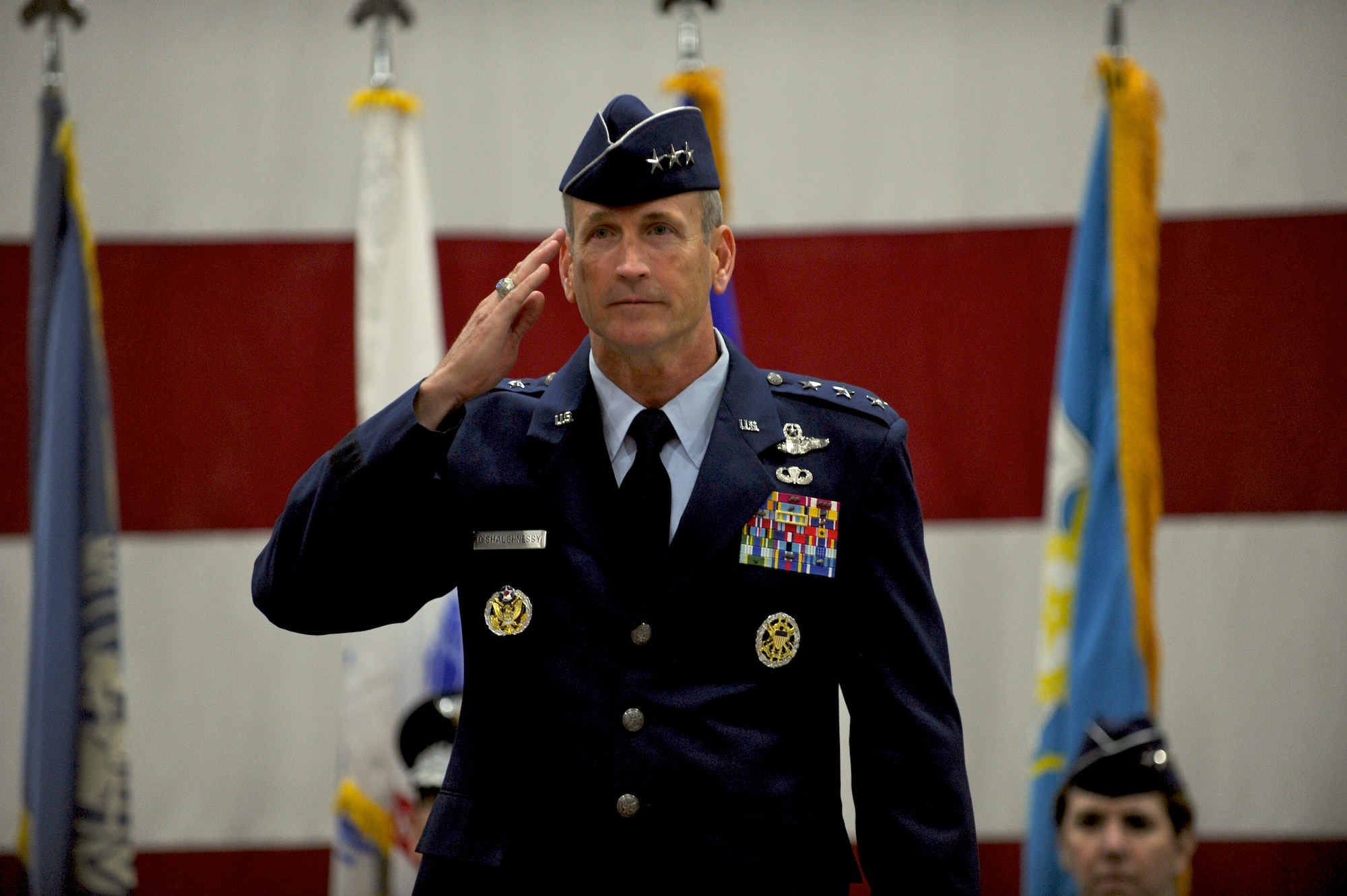 Lt. Gen. Terrence J. O'Shaughnessy receives his first salute as Seventh Air Force commander during a change of command ceremony at Osan Air Base Dec 19, 2014.  Lt. Gen. O'Shaughnessy became the 33rd commander of Seventh Air Force, taking over for Lt. Gen. Jan-Marc Jouas who served in the position for nearly three years. (U.S. Air Force photo by Maj. John Ross)