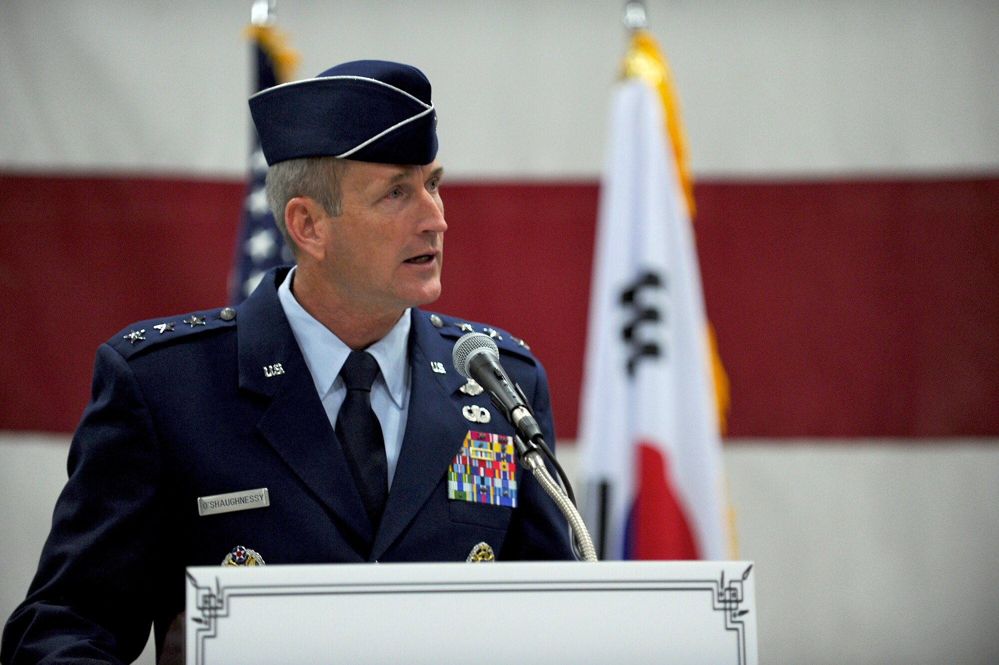 Lt. Gen. Terrence J. O'Shaughnessy addresses the Airmen of Seventh Air Force and distinguished visitors during a change of command ceremony at Osan Air Base Dec 19, 2014.  Lt. Gen. O'Shaughnessy became the 33rd commander of Seventh Air Force, taking over for Lt. Gen. Jan-Marc Jouas who served in the position for nearly three years. (U.S. Air Force photo by Maj. John Ross)