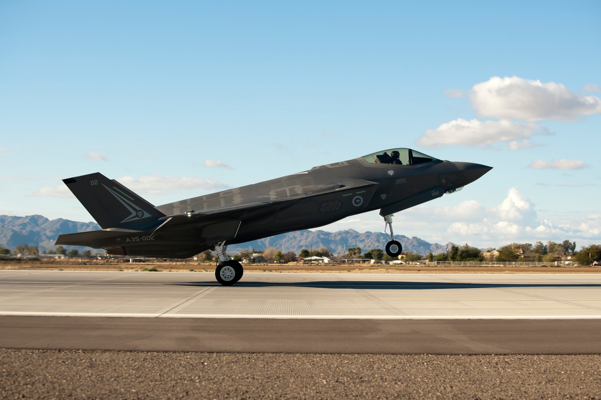 The first Royal Australian Air Force F-35A Lightning II jet arrived at Luke Air Force Base Dec. 18, 2014. The jet's arrival marks the first international partner F-35 to arrive for training at Luke. (U.S. Air Force photo by Staff Sgt. Staci Miller)
