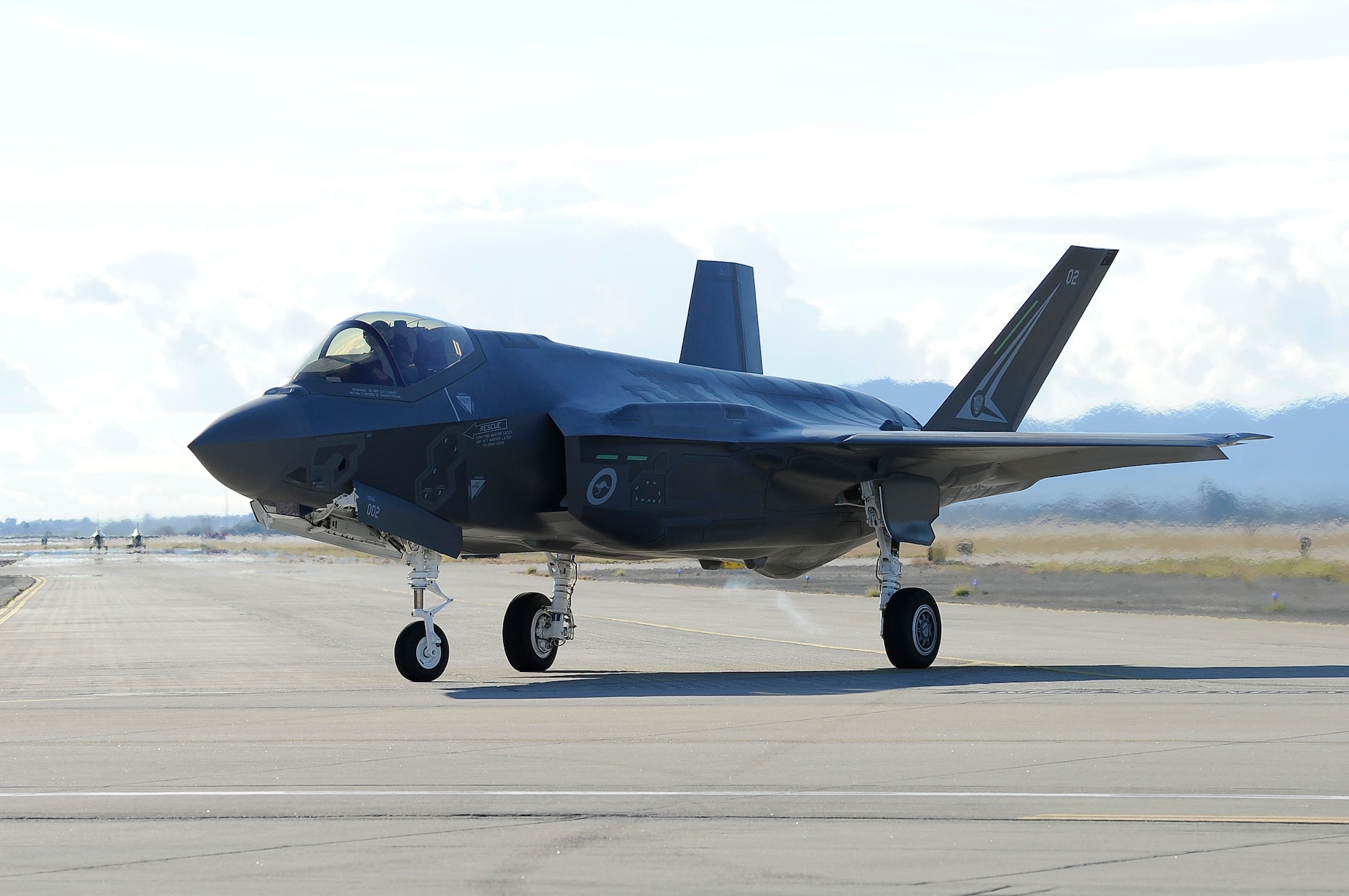 The first Royal Australian Air Force F-35A Lightning II jet arrived at Luke
Air Force Base Dec. 18, 2014. The jet's arrival marks the first
international partner F-35 to arrive for training at Luke. (U.S. Air Force photo by Airman Pedro Mota) 
