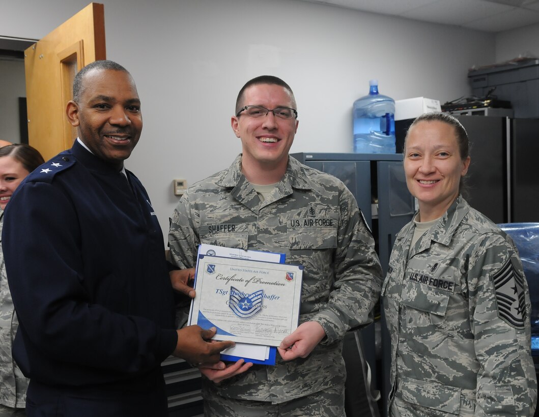 On Dec. 18, 79th Medical Wing Commander, Maj. Gen. Roosevelt Allen and Command Chief Master Sgt. Michelle Thorsteinson awarded a Stripes for Exceptional Performers, Technical Sergeant promotion to Staff Sgt. Matthew Shaffer.