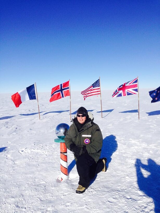 Chief Master Sgt. James W. Hotaling, the Air National Guard command chief master sergeant, poses at the geographic South Pole. Hotaling was there meeting deployed Airmen from the New York ANG's 109th Airlift Wing, who provide Airlift capability for the U.S. Antarctic Program throughout the Antarctic continent. (courtesy photo)
