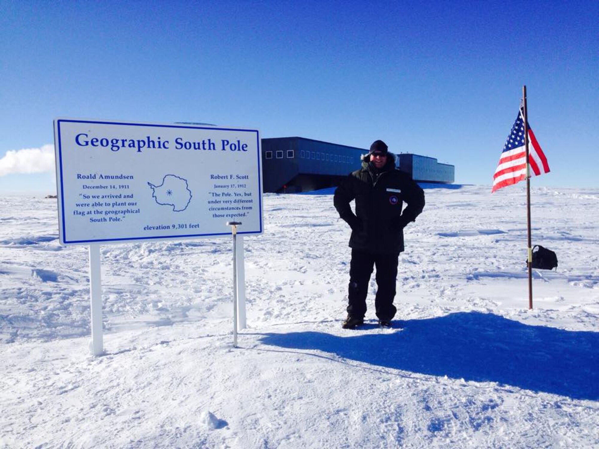 Chief Master Sgt. James W. Hotaling, the Air National Guard command chief master sergeant, poses at the geographic South Pole. Hotaling was there meeting deployed Airmen from the New York ANG's 109th Airlift Wing, who provide Airlift capability for the U.S. Antarctic Program throughout the Antarctic continent. (courtesy photo)
