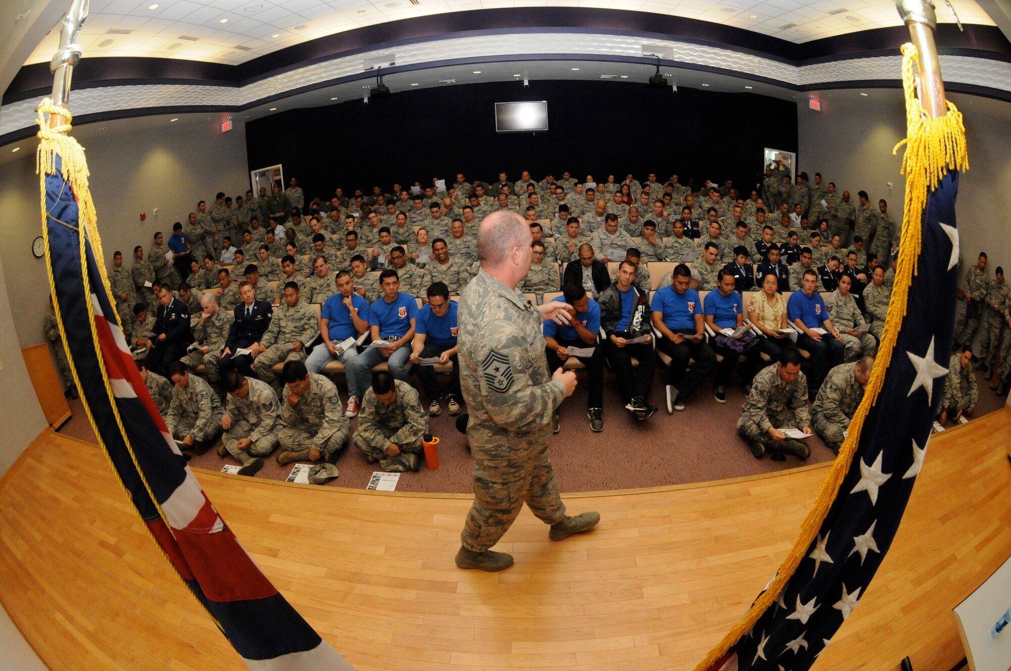 Chief Master Sgt. James W. Hotaling, command chief master sergeant of the Air National Guard, addresses Airmen from the 154 Wing, Hawaii Air National Guard, during a Town Hall Meeting at Joint Base Pearl Harbor Hickam on Nov. 9, 2014. Hotaling encouraged the Airmen to renew their commitment to the profession of arms through the Air Force core values, focus on performance and training, and the deliberate development of Airmen. (U.S. Air National Guard photo by Airman 1st Class Robert Cabuco)
