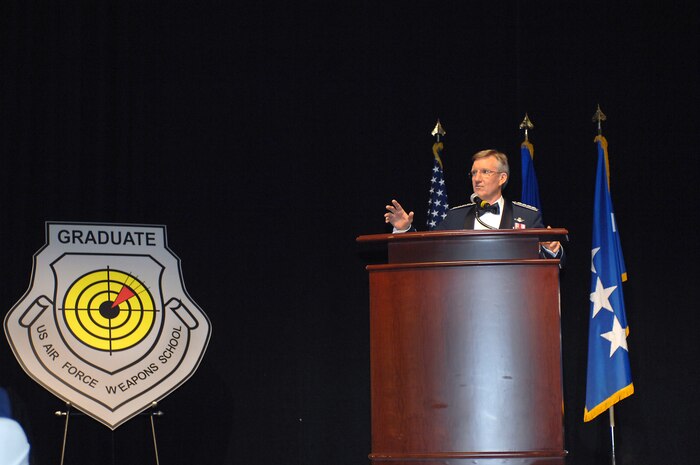 Gen. Hawk Carlisle, commander of Air Combat Command, addresses graduates of the U.S. Air Force Weapons School class 14B Dec. 13, 2014, at the Flamingo Las Vegas Hotel and Casino. As the guest speaker, the ACC commander emphasized the value of weapons school graduates by stating, “The value of the patch to the warfighter cannot be overstated.” (U.S. Air Force photo by Staff Sgt. Jack Sanders)