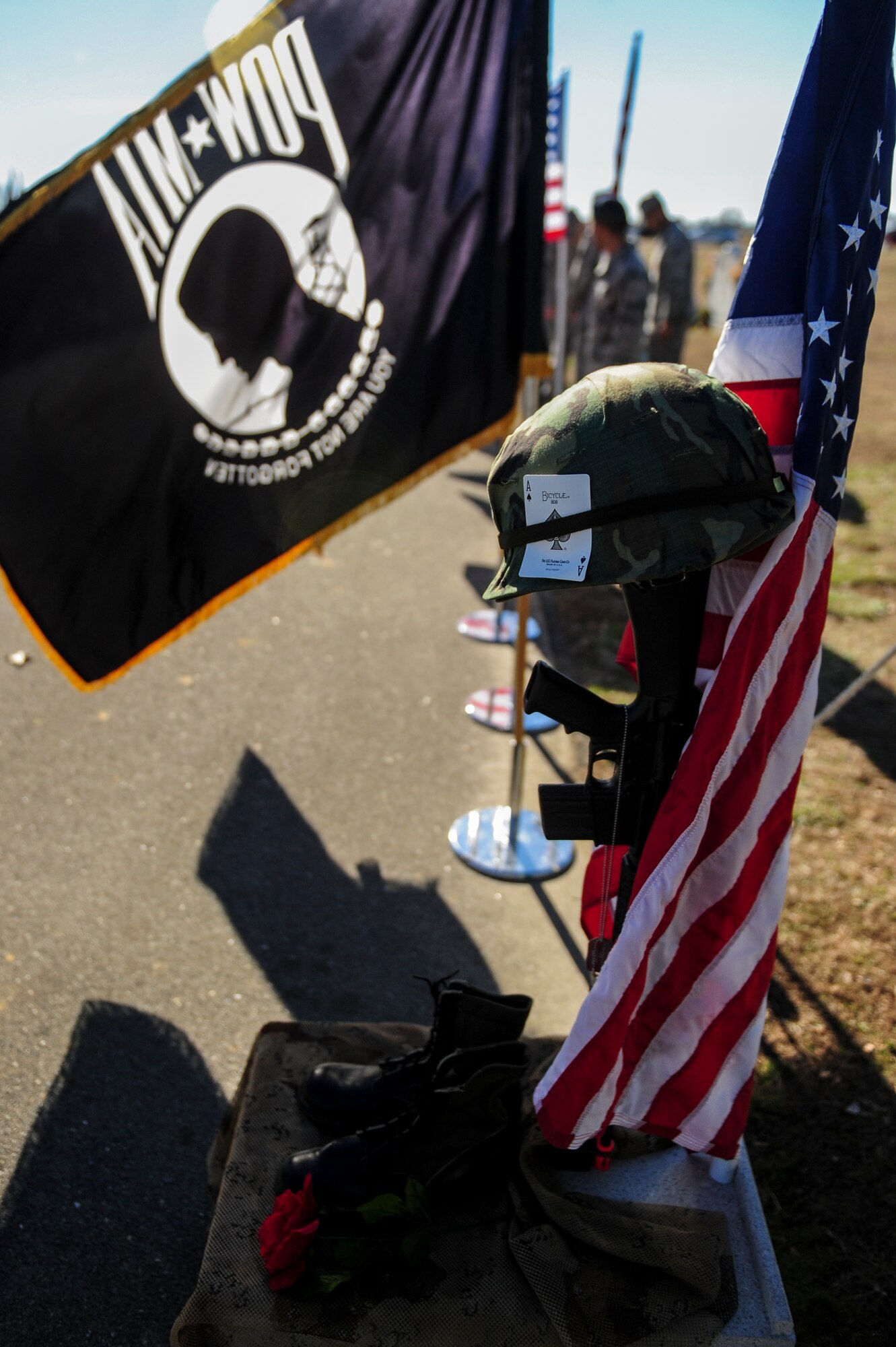 A memorial to fallen warriors is displayed during National Wreaths Across America Day at Evergreen Memorial Cemetery in Princeton, North Carolina, Dec. 13, 2014. The event was part of the Wreaths Across America mission, which delivered hundreds of thousands of remembrance wreaths to more than 900 cemeteries across the country in honor of our nation’s fallen heroes. (U.S. Air Force photo by Airman 1st Class Brittain Crolley)