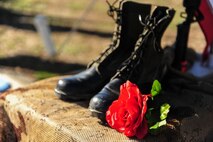 A memorial to fallen warriors is displayed during National Wreaths Across America Day at Evergreen Memorial Cemetery in Princeton, North Carolina, Dec. 13, 2014. Wreaths Across America is a non-profit organization that hosts a national remembrance ceremony honoring the graves of veterans by adorning them with holiday wreaths. This year, more than 900 cemeteries across the U.S. and overseas joined to pay respect to veterans laid to rest. (U.S. Air Force photo by Airman 1st Class Brittain Crolley)