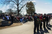 Representatives from each branch of the military prepare to lay a wreath in honor of their respective service during National Wreaths Across America Day at Evergreen Memorial Cemetery in Princeton, North Carolina, Dec. 13, 2014. The event was part of the Wreaths Across America mission, which delivered hundreds of thousands of remembrance wreaths to more than 900 cemeteries across the country in honor of our nation’s fallen heroes. (U.S. Air Force photo by Airman 1st Class Brittain Crolley)