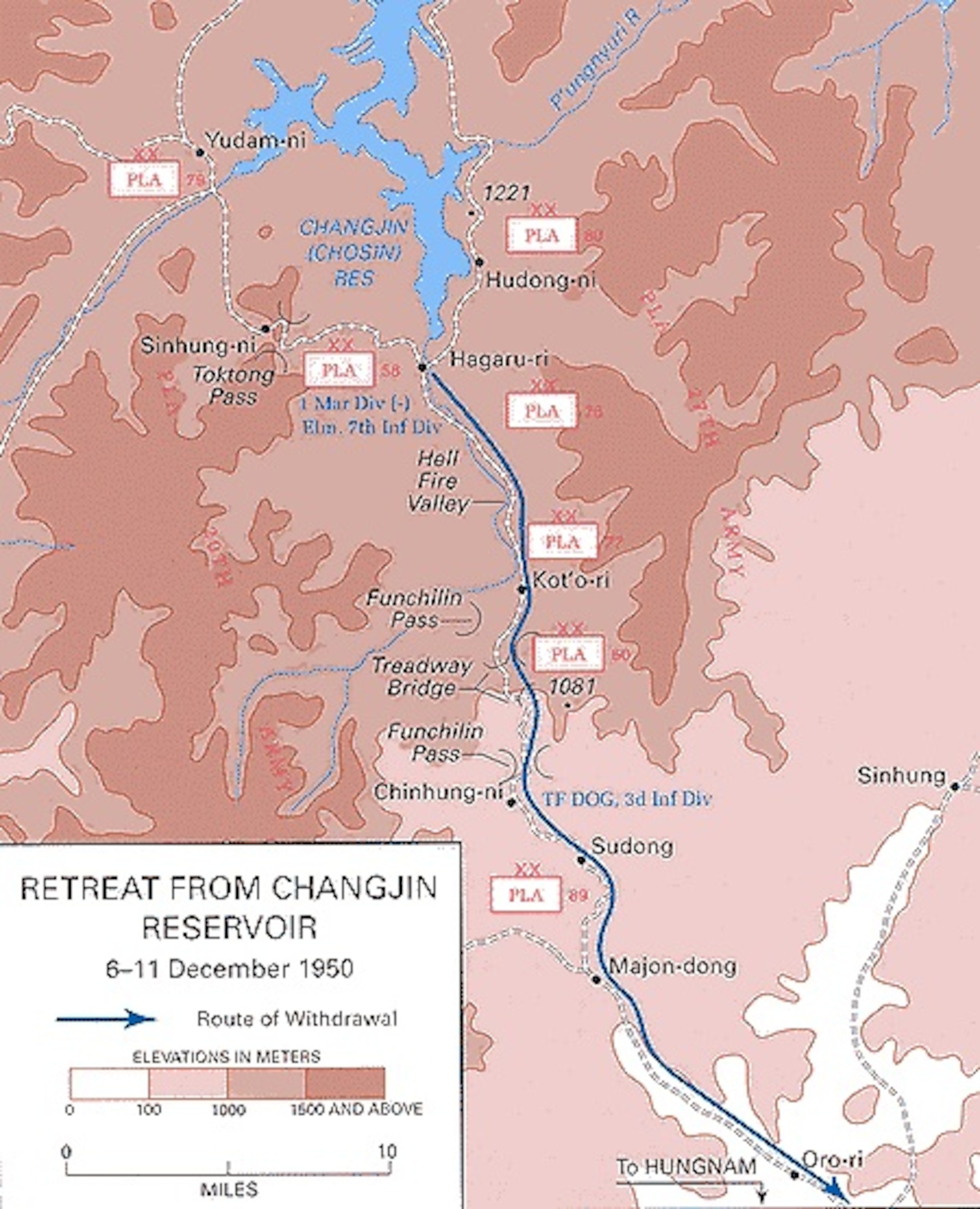 A map illustrates the path of United Nations troops during the Battle of Chosin Reservoir  Dec. 6-11, 1950. Approximately 30,000 UN troops began to breakout of the Chosin Reservoir area in a fighting withdrawal to the Port of Hungnam, on the Sea of Japan in order to join the U.S. Eighth Army defending the 38th parallel. (Courtesy Photo)