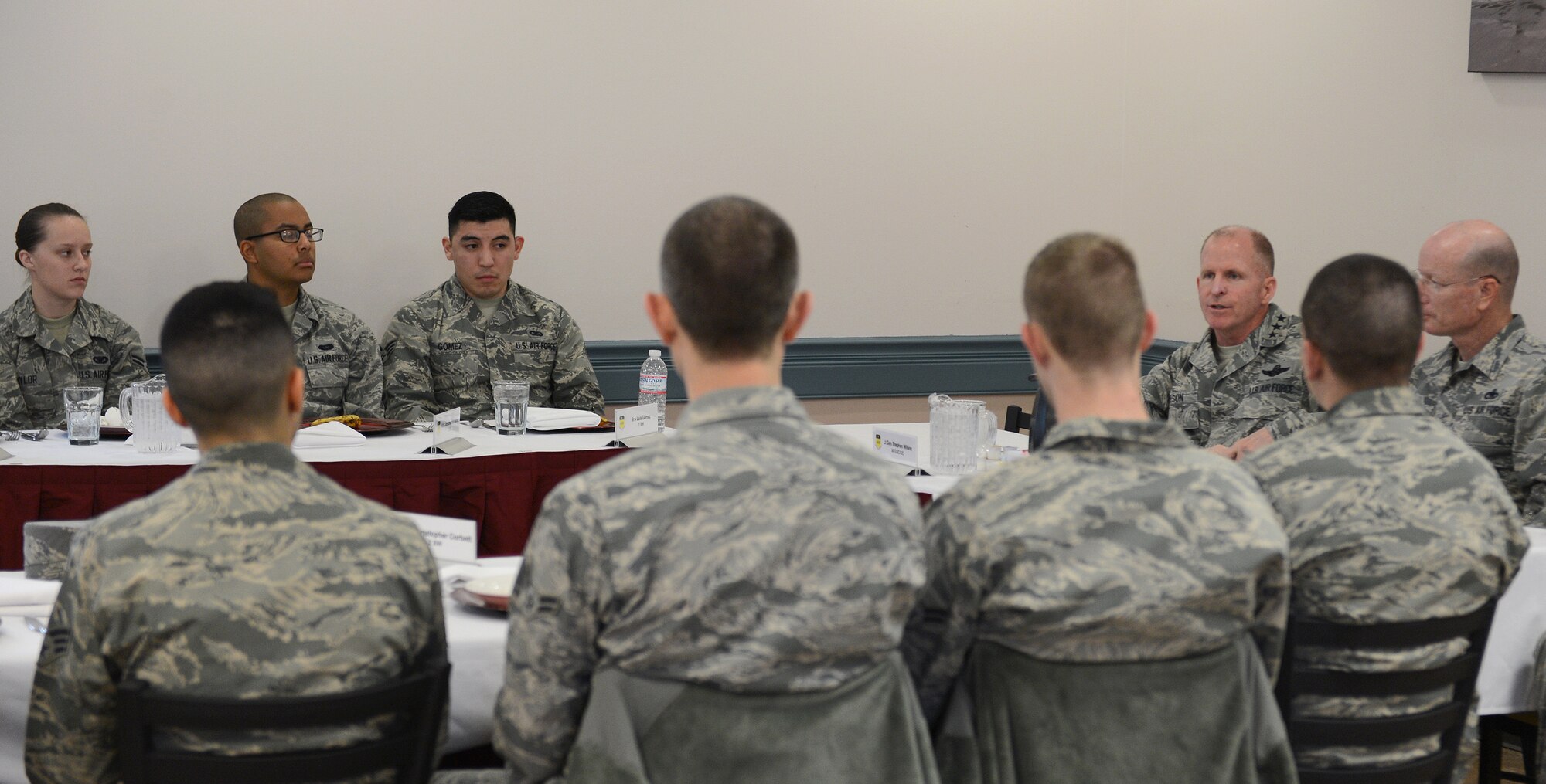 Lt. Gen. Stephen Wilson, commander of Air Force Global Strike Command, speaks to Airmen at the Red River Dining Facility on Barksdale Air Force Base, La., Dec. 17, 2014. Wilson visited the 2nd Bomb Wing to speak with Airmen and listen to their concerns. (U.S. Air Force photo/Senior Airman Benjamin Gonsier)