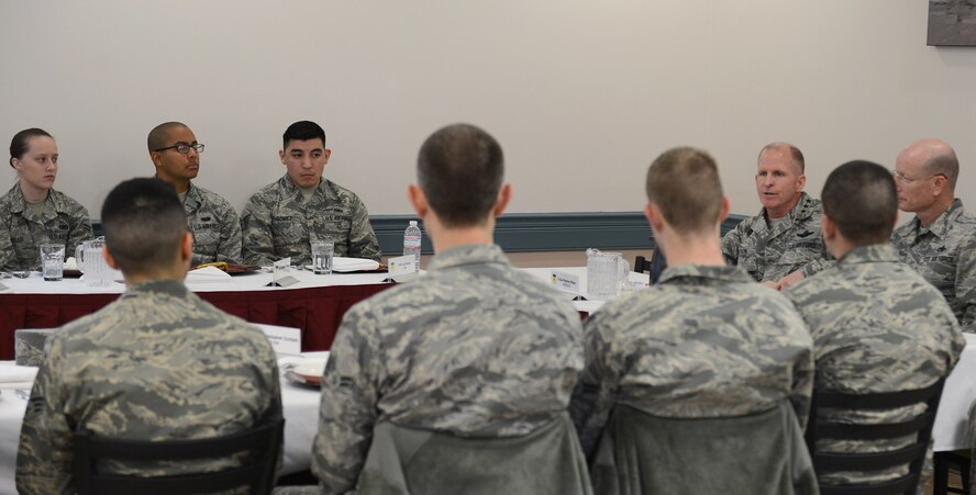 Lt. Gen. Stephen Wilson, commander of Air Force Global Strike Command, speaks to Airmen at the Red River Dining Facility on Barksdale Air Force Base, La., Dec. 17, 2014. Wilson visited the 2nd Bomb Wing to speak with Airmen and listen to their concerns. (U.S. Air Force photo/Senior Airman Benjamin Gonsier)