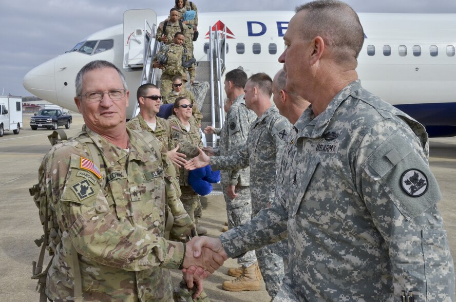 More than 158 Alabama Army National Guard Soldiers from the 877th Engineering Battalion arrive at the 117th Air Refueling Wing, Birmingham Alabama as they return home from a deployment in support of Operation Enduring Freedom. The 877th provided engineer support for the CENTCOM Material Recovery Element, assisting the United States Central Command Material Retrograde Element (CMRE) with recovery of military equipment to the U.S. from Afghanistan.(U.S. Air National Guard photo by: Senior Master Sgt. Ken Johnson/Released)