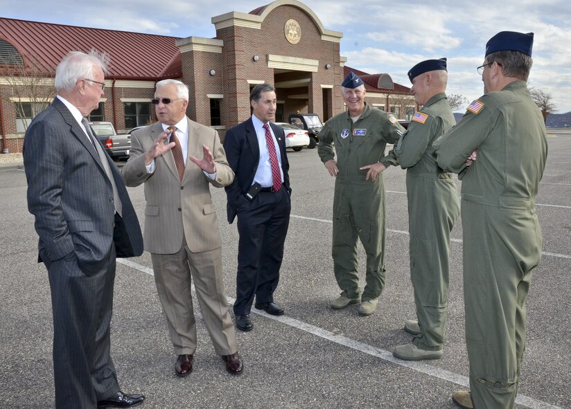 Congressman (Elect) Gary Palmer is greeted by Colonel Cliff James, Wing Commander of the 117th Air Refuelling Wing. Palmer was also briefed on base operations during his November 25th visit. Dickie Drake, District 45 Alabama State Representative, Brigadier General Steven Berryhill, Commander Alabama Air National Guard and Assistant to the Commander, 18th air Force along with Chris Curry, Shelby County Sherrif was also in attendance. (U.S. Air National Guard photo by: Senior Master Sgt. Ken Johnson/Released)