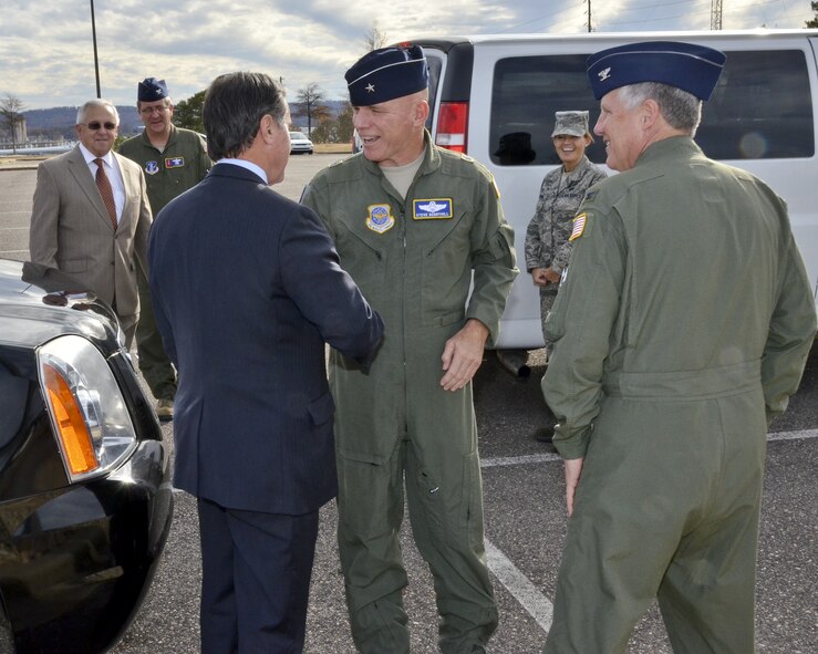 Congressman (Elect) Gary Palmer is greeted by Colonel Cliff James, Wing Commander of the 117th Air Refuelling Wing. Palmer was also briefed on base operations during his November 25th visit. Dickie Drake, District 45 Alabama State Representative, Brigadier General Steven Berryhill, Commander Alabama Air National Guard and Assistant to the Commander, 18th air Force along with Chris Curry, Shelby County Sherrif was also in attendance. (U.S. Air National Guard photo by: Senior Master Sgt. Ken Johnson/Released)