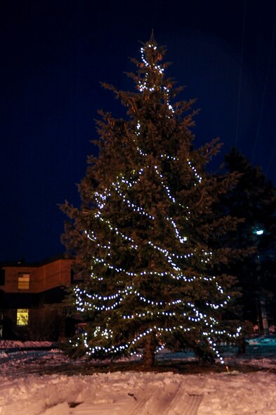 Holiday lights illuminate a tree during the holiday tree lighting event hosted at the Jimmy Doolittle Center on Minot Air Force Base, N.D., Dec. 6, 2014. Approximately 60 Airmen and their families attended the event as well as local community leaders, Boy Scouts and Santa Claus. (U.S. Air Force photo/Senior Airman Stephanie Morris)