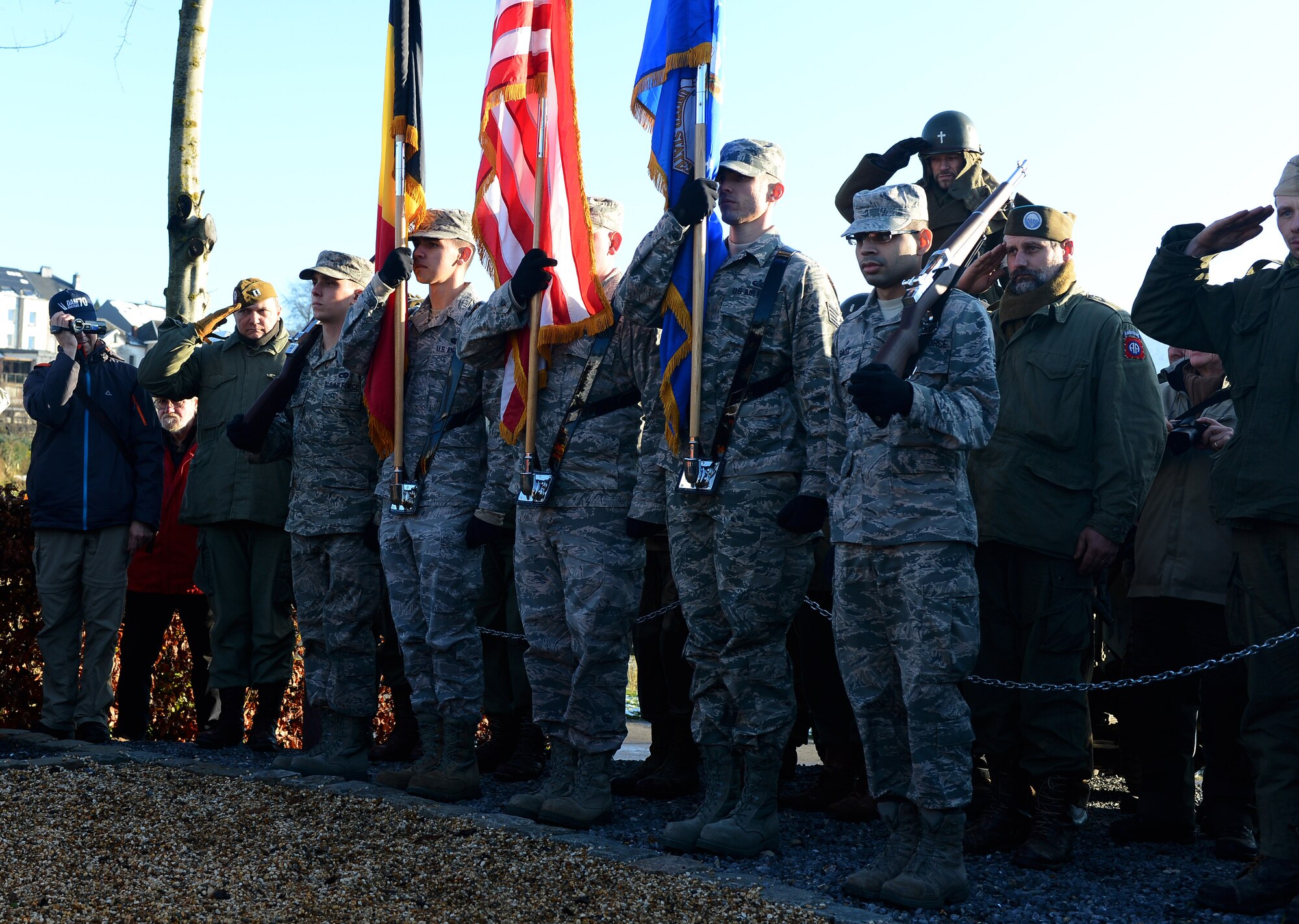 Spangdahlem honor guard members post the colors during a Battle of the Bulge memorial ceremony at Vielsalm, Belgium, Dec. 14, 2014. The ceremony was one of three throughout the day honoring the veterans of the battle. (U.S. Air Force photo by Airman 1st Class Luke Kitterman/Released)