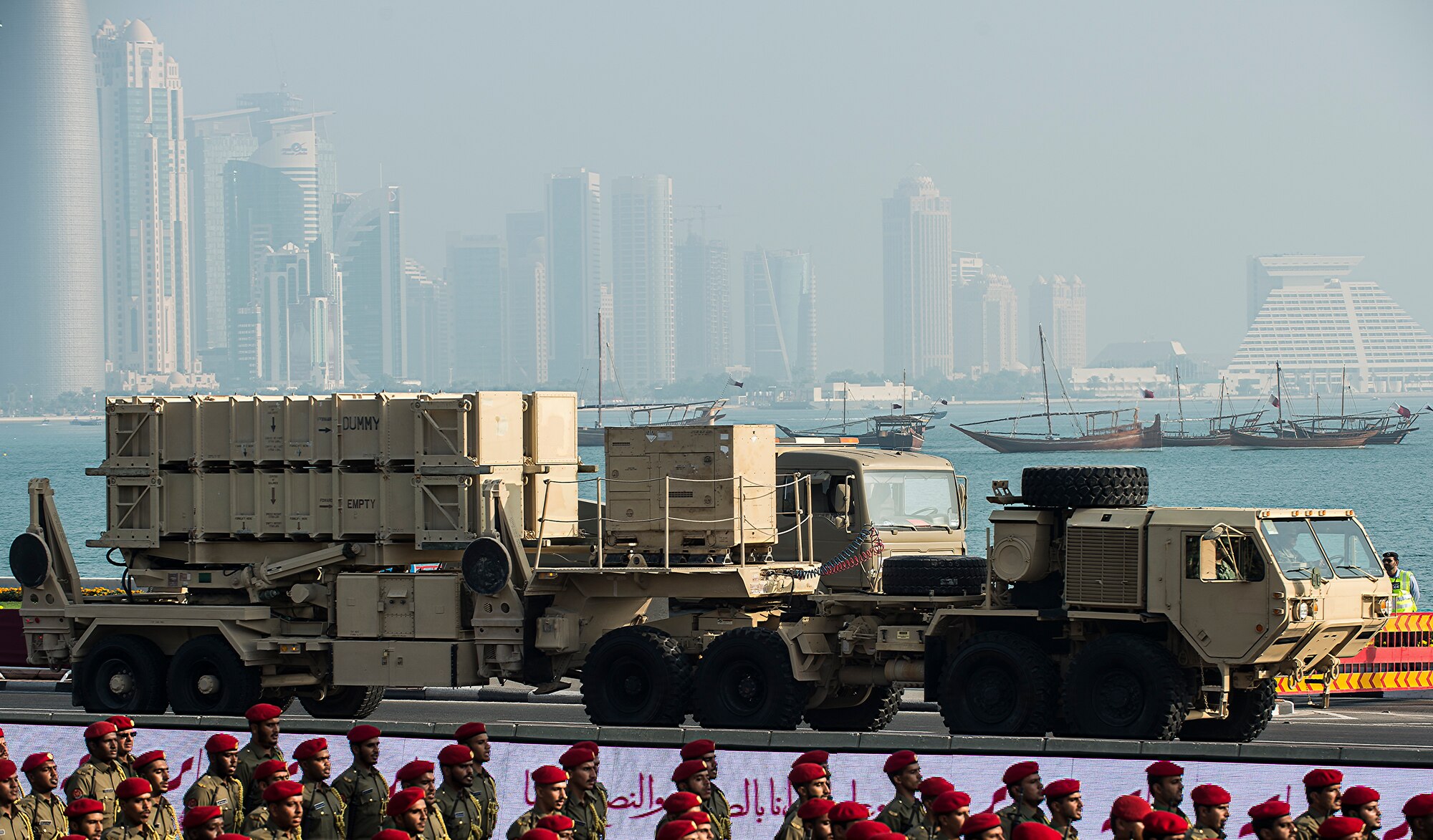 A Patriot Missile System passes through the Qatar National Day Parade, Dec. 18, 2014, in Doha, Qatar.The annual holiday is an occasion for Qataris to commemorate their national identity and history, and allows them to remember how their national unity was achieved. This year’s Qatar National Day celebration included a parade involving all branches of the Qatari military, police, and schools. The parade featured massive fire work displays, military aircraft flyovers, and many other demonstrations of national unity. Qatar is a key and enduring regional partner of the United States. (U.S. Air Force photo by Staff Sgt. Perry Aston)
