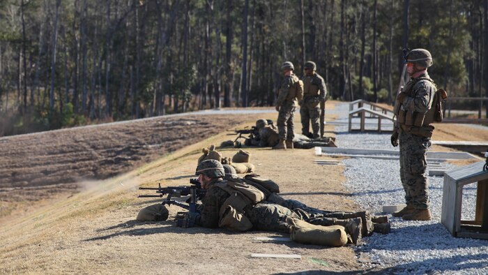 Marines with 1st Battalion, 8th Marine Regiment conduct M249 light machine gun training at G-21 Machine Gun Range aboard Camp Lejeune, N.C., Dec. 11, 2014. Marines honed in on weapon skills and knowledge as they engaged various targets at unknown distances during different live-fire scenarios. 