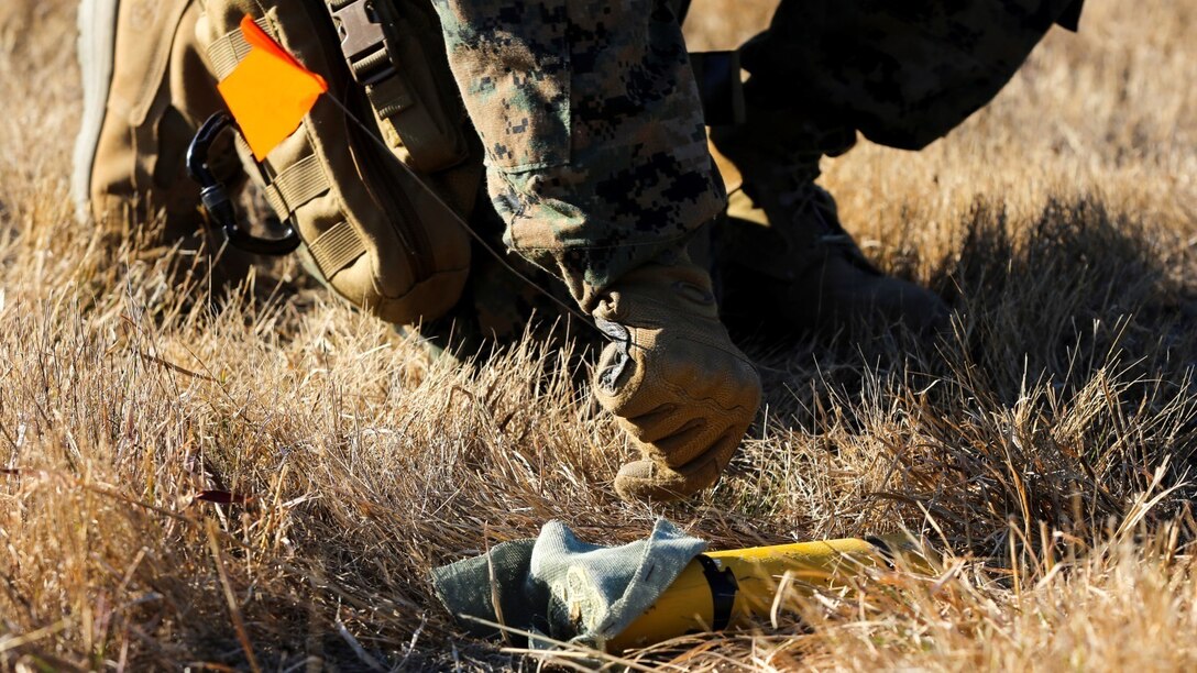 An explosive ordnance disposal technician with Explosive Ordnance Disposal Company, 8th Engineer Support Battalion, puts a flag next to a simulated submunition during a response call at EOD site 3 aboard Camp Lejeune, N.C., Dec. 14, 2014. EOD techs marked all the submunitions and disposed of them by means of explosives. 