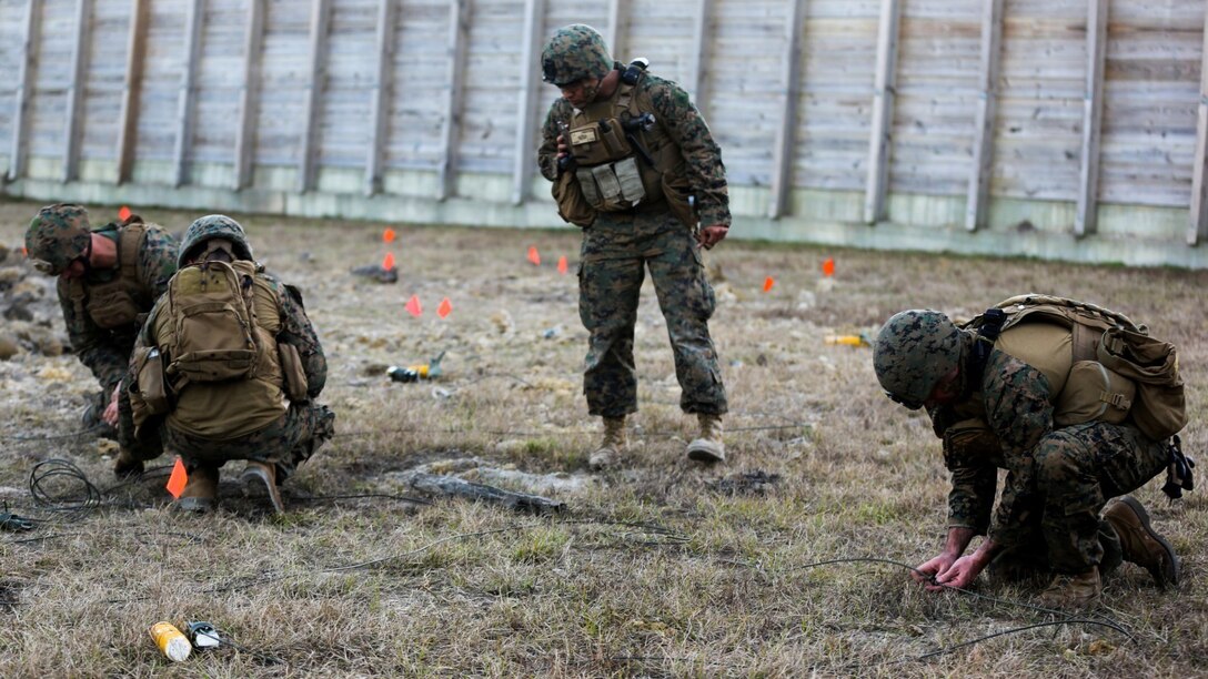 Explosive ordnance disposal technicians with Explosive Ordnance Disposal Company, 8th Engineer Support Battalion prepare explosives to dispose of submunitions at EOD site 3 aboard Camp Lejeune, N.C., Dec. 14, 2014. EOD techs used the main-line branch-line technique, which places explosives next to submunitions to properly dispose of them.
