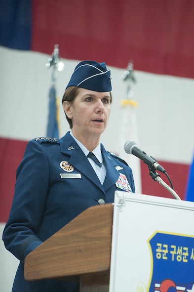 Gen. Lori Robinson, Pacific Air Forces commander, speaks during the 7th Air Force Change of Command Ceremony at Osan Air Base, Republic of Korea, Dec. 19, 2014. Robinson is visiting Osan to provide Airmen a senior leader perspective about the importance of the 51st Fighter Wing and the mission Team Osan plays in keeping the ROK safe and secure, as well as their importance in the Pacific area of responsibility. (U.S. Air Force photo by Senior Airman Matthew Lancaster)
