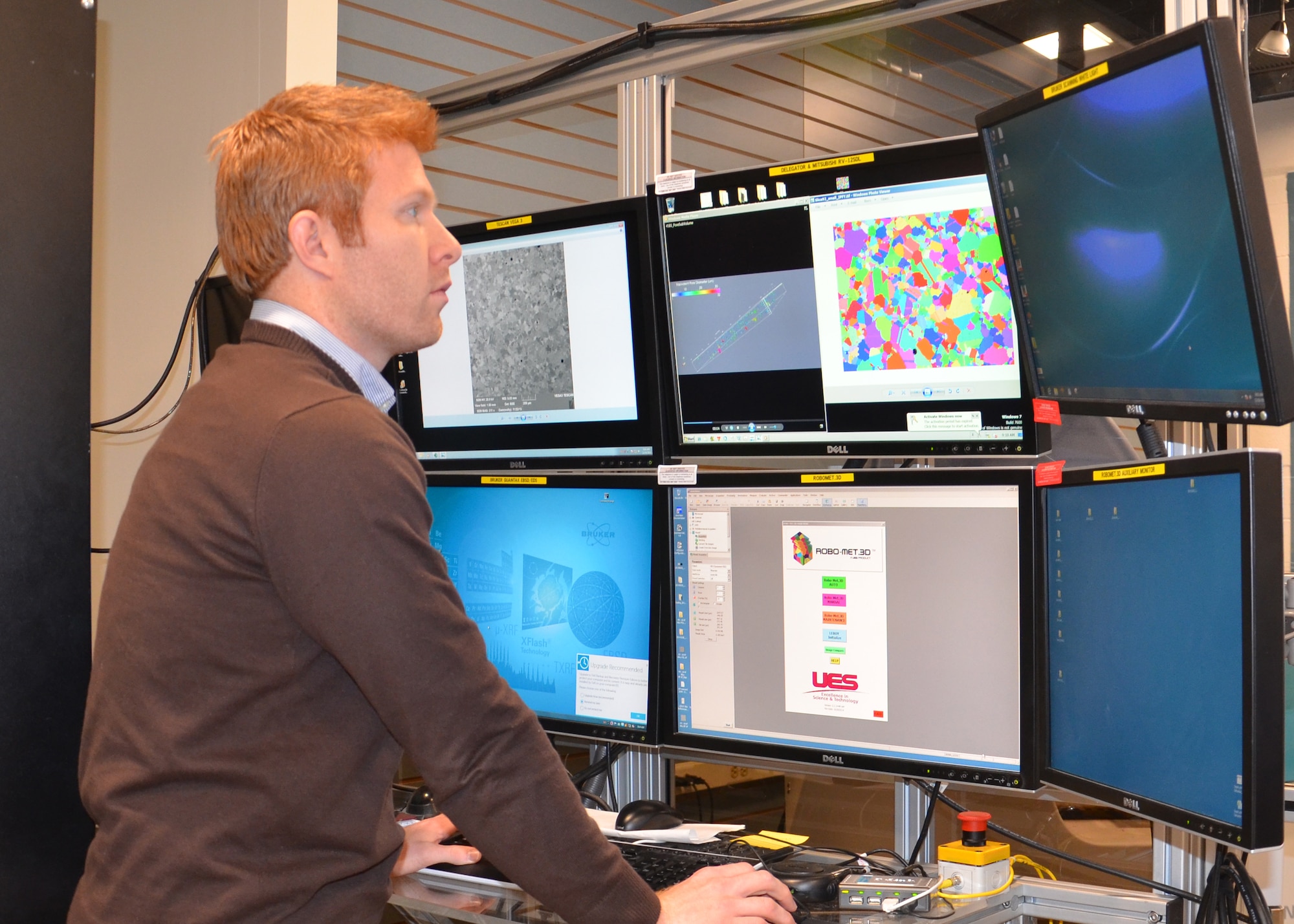 Dr. Mike Groeber, an AFRL materials research scientist, works with data and analysis tools in a software framework he created to support materials prediction.  DREAM.3D, an open-source software, allows scientists and engineers to develop and share their own analysis techniques. The software supports AFRL's Integrated Computational Materials Science and Engineering as well as the White House's Materials Genome Initiative. U.S. Air Force
Photo by Lori Hughes
