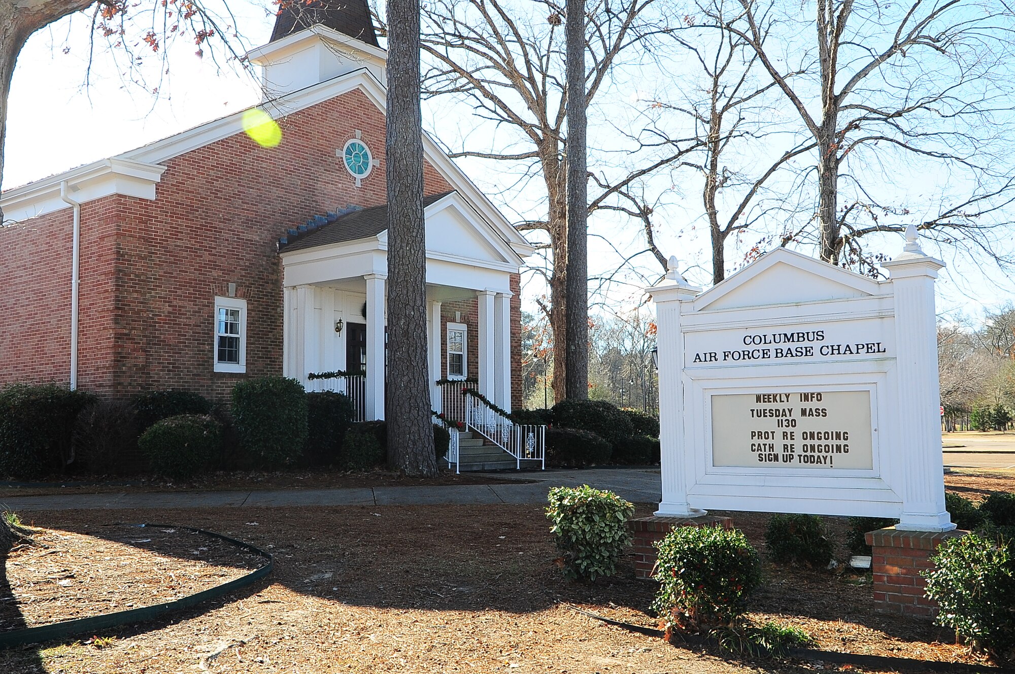 The Columbus Air Force Base Chapel is located on Harpe Blvd across from the 14th Flying Training Wing Headquarters building. For more information on Chapel services call 434-2500. (U.S. Air Force photo/Senior Airman Kaleb Snay)