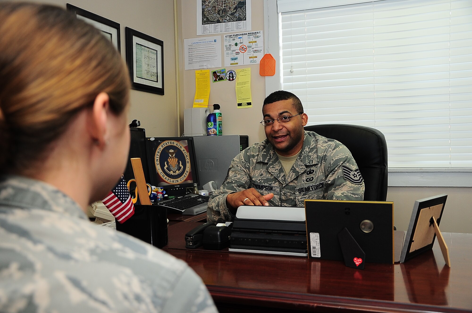 Tech. Sgt. Christopher Thompson, 14th Flying Training Wing Chaplain Assistant, counsels an Airman about personal issues Dec. 17 at Columbus Air Force Base, Miss. Speaking to a chaplain or chaplain assistant is 100 percent confidential and is a great place to start when looking for guidance on an issue. (U.S. Air Force photo/Senior Airman Kaleb Snay)