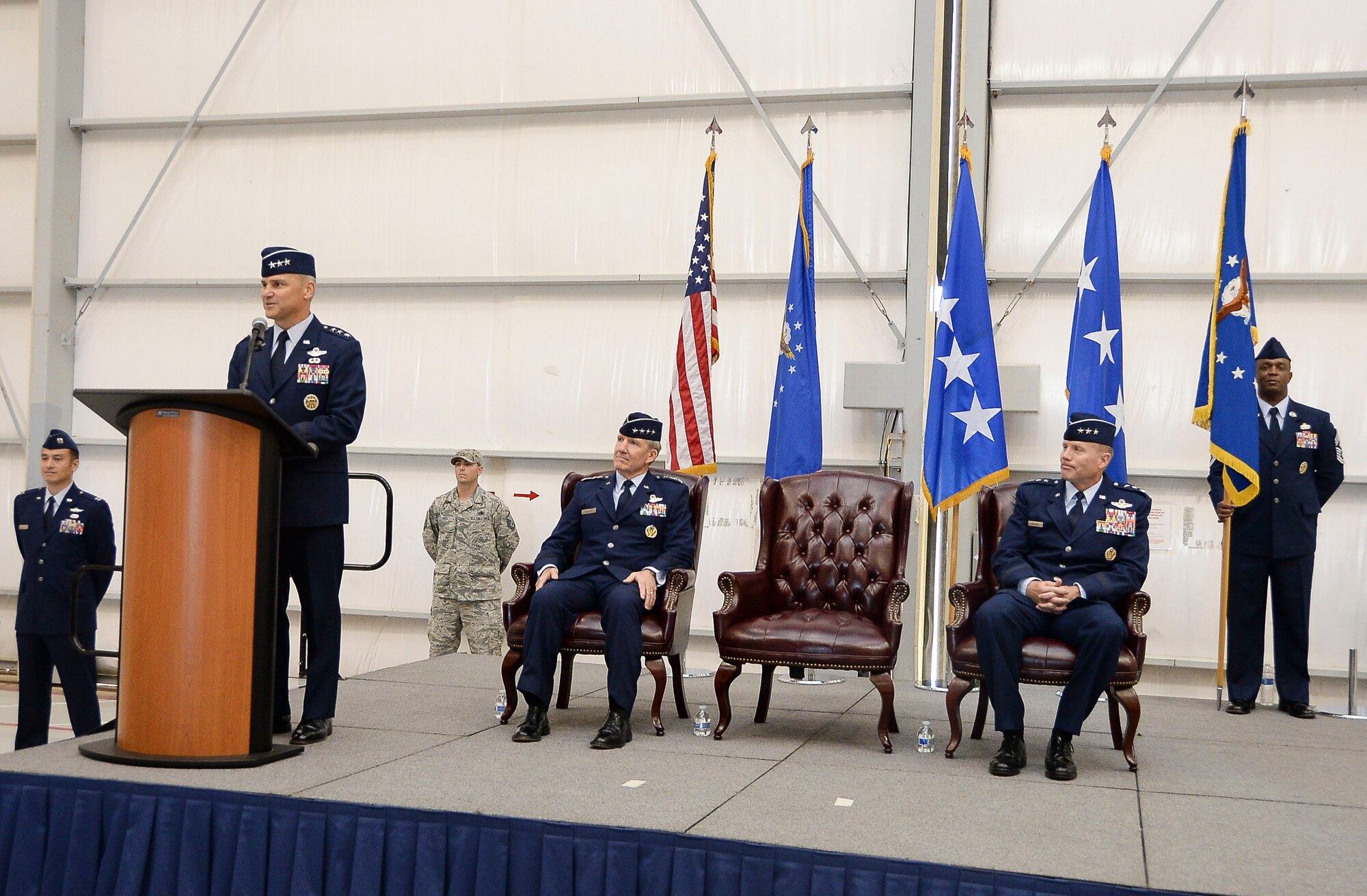 Lt. Gen. Chris Nowland, 12th Air Force (Air Forces Southern) Commander, speaks to Airmen of 12th Air Force (Air Forces Southern) after assuming command on Dec. 19, 2014 at Davis-Monthan AFB, Ariz., Dec. 19, 2014. 12th Air Force (Air Forces Southern) is responsible for the combat readiness of 8 active-duty wings, including the 355th Fighter Wing also located at Davis-Monthan AFB, and one direct reporting unit. These subordinate commands operate more than 800 aircraft with more than 64,500 uniformed and civilian Airmen. (U.S. Air Force photo by Staff Sgt. Adam Grant/Released)