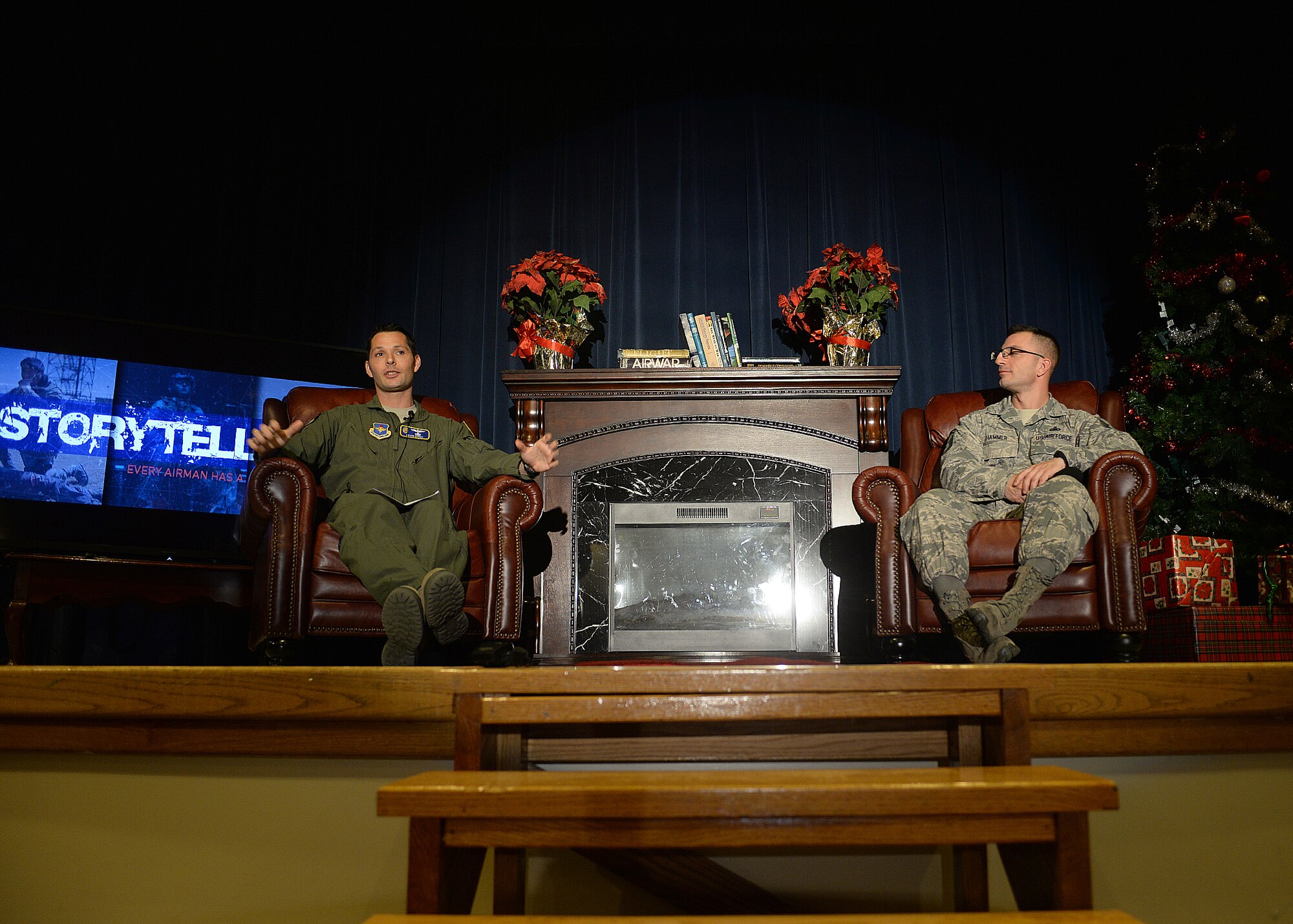 ALTUS AIR FORCE BASE, Okla. – U.S. Air Force Capt. Bryan Guidry, 97th Operations Group Group executive officer, shares a personal story with Airmen during a Storytellers event at the Freedom Community Center, Dec. 17, 2014. Guidry spoke about being a member of the USAF Band, his road to becoming a pilot and learning to grow where you are planted. The purpose of Storytellers is to allow Airmen to share their stories and help motivate others. (U.S. Air Force photo by Senior Airman Franklin R. Ramos/Released)