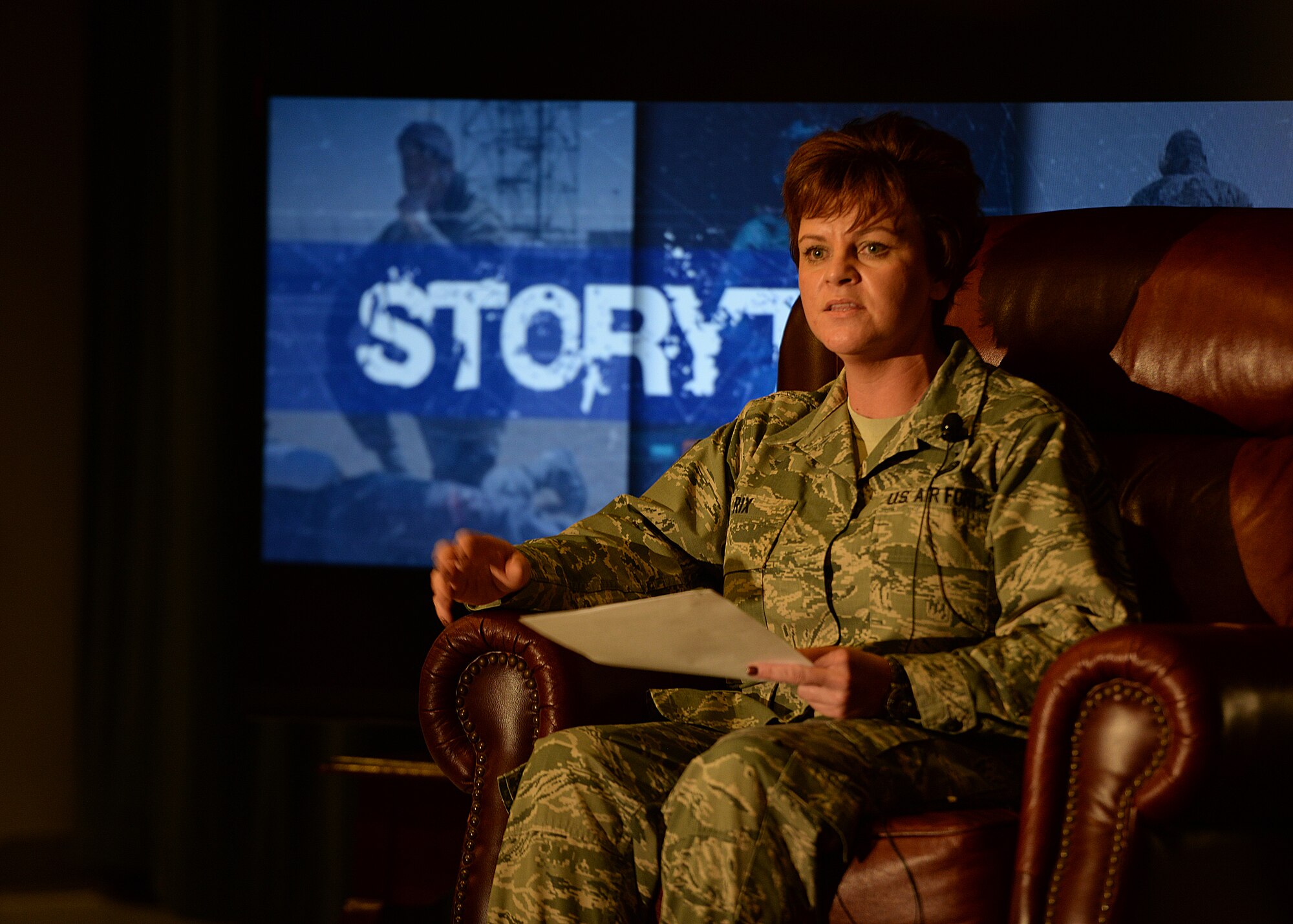 ALTUS AIR FORCE BASE, Okla. – U.S. Air Force Chief Master Sgt. Shannon Rix, 97th Mission Support Group superintendent, tells her story during a Storytellers event at the Freedom Community Center, Dec. 17, 2014. Rix spoke about the importance of talking with peers to find out what motivates them, which is especially important during stressful situations. Altus AFB held its first Storytellers event and plans to hold these events quarterly. (U.S. Air Force photo by Senior Airman Franklin R. Ramos/Released)