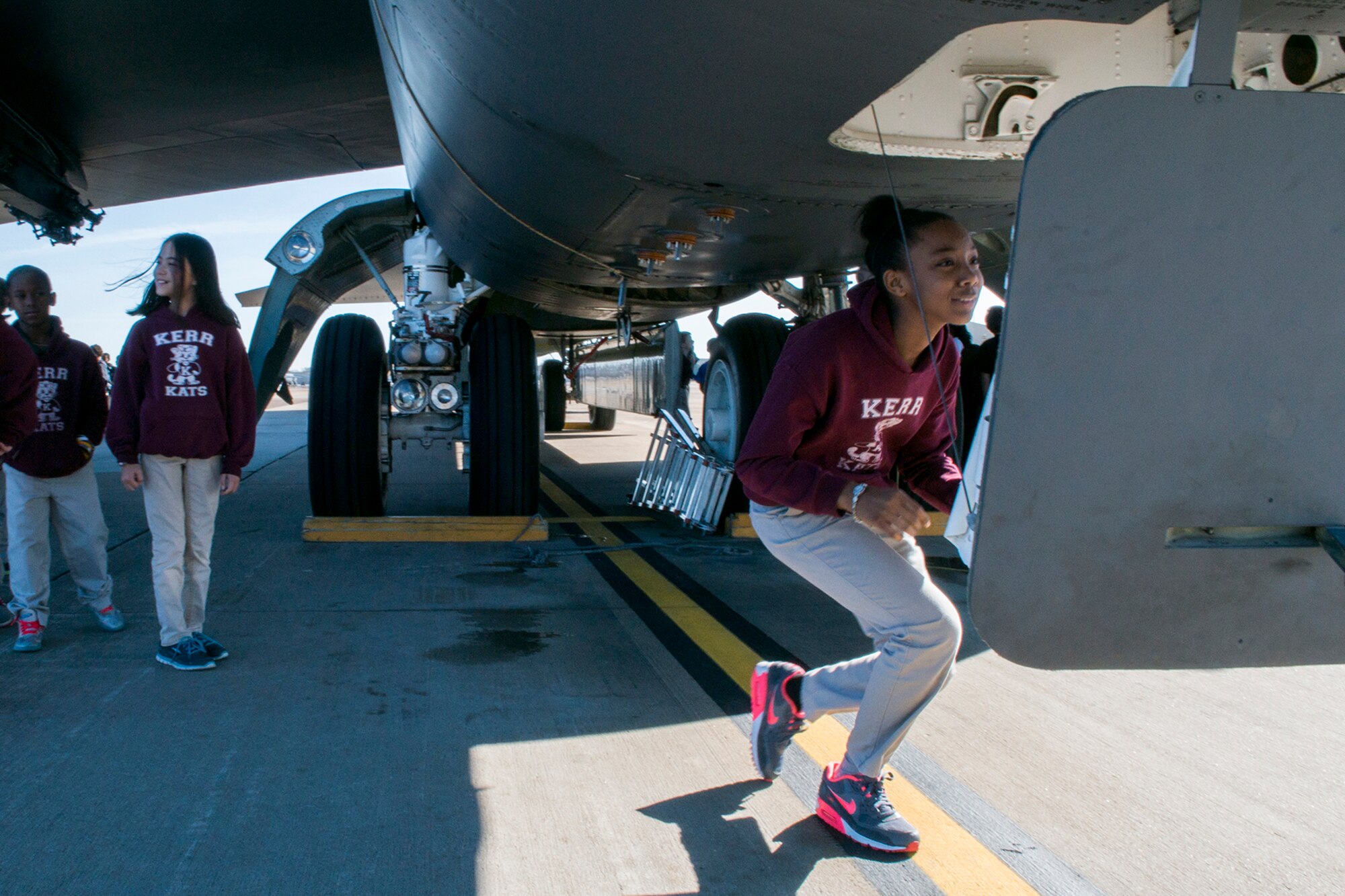 A STARBASE student gets a look into the cockpit of a 307th Bomb Wing B-52H Stratofortress during a tour on Dec. 9, 2014, Barksdale Air Force Base, La. STARBASE students interact with military personnel who serve as positive role models to encourage their exploration of Science, Technology, Engineering and Mathematics curriculum. (U.S. Air Force photo by Master Sgt. Greg Steele/Released)