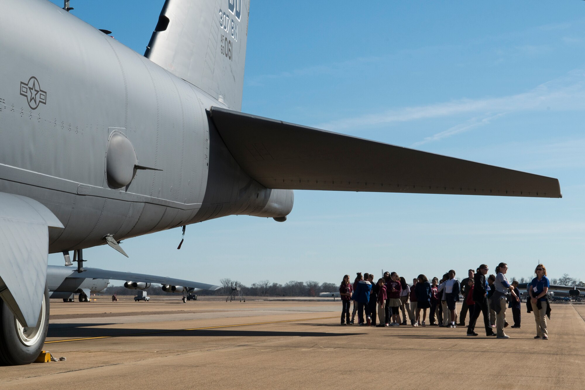A group of STARBASE students tour a 307th Bomb Wing B-52H Stratofortress on Dec. 9, 2014, Barksdale Air Force Base, La. STARBASE Louisiana at Barksdale is one of 70 national STARBASE sites and is sponsored by the 307th Bomb Wing and the Air Force Reserve Command. (U.S. Air Force photo by Master Sgt. Greg Steele/Released)