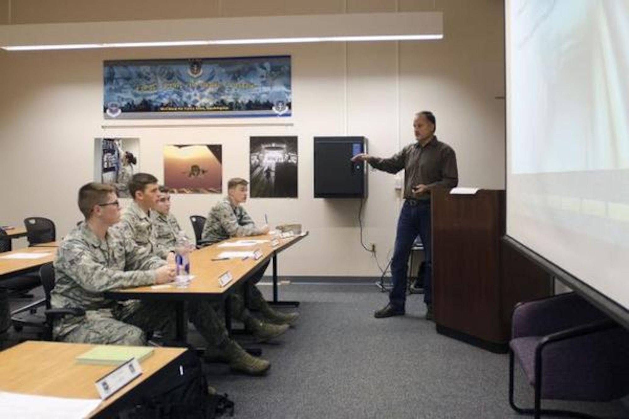 Robert Schoenberg, 62nd AW’s safety assistant chief of ground safety, briefs Airmen in a First Term Airmen Course on ground safety at McChord Field. (Northwest Guardian/courtesy photo)