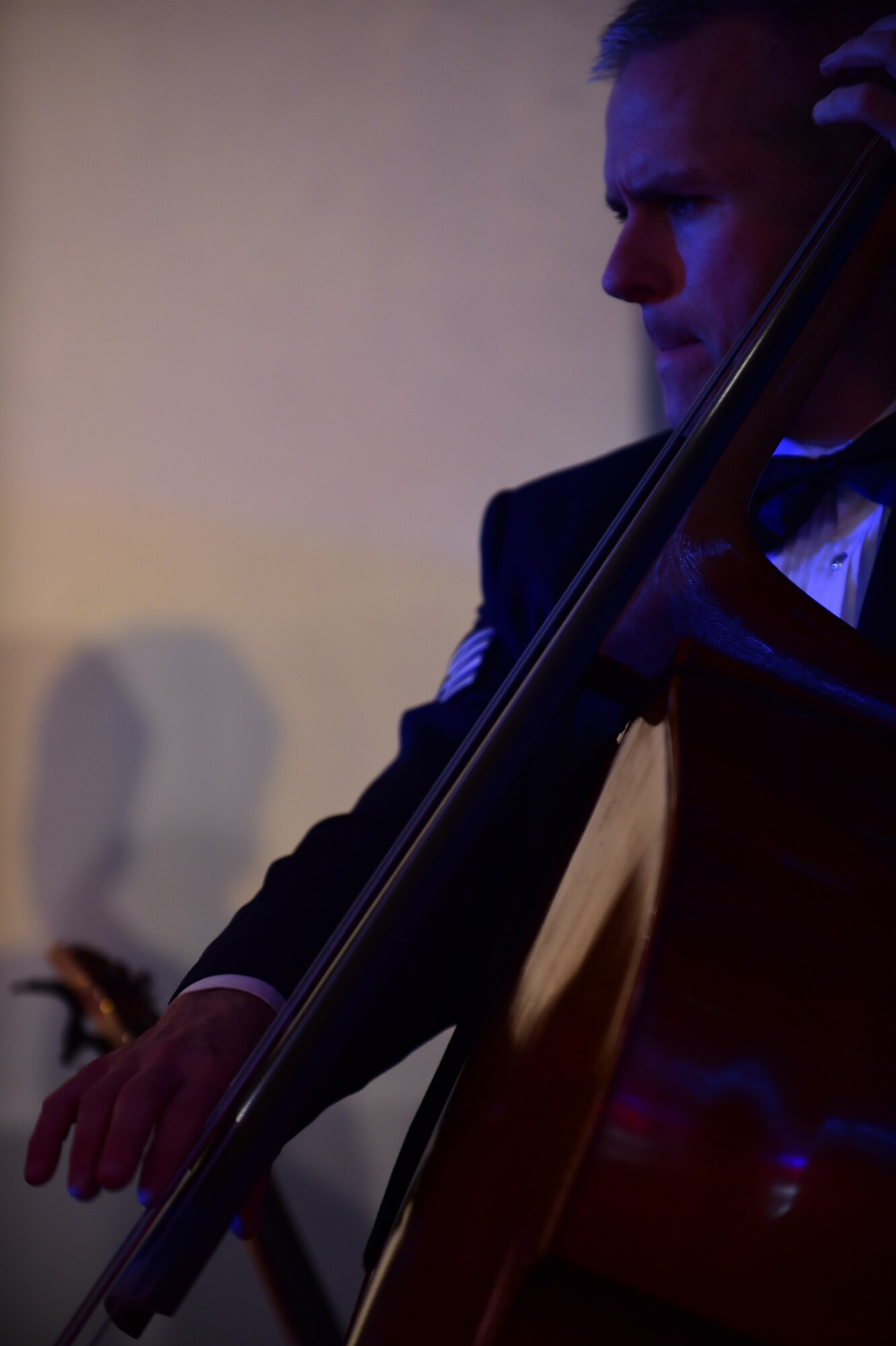 Staff Sgt. Joe Whitt plays the bass, during the U.S. Air Forces in Europe Concert band holiday celebration at Burgess Hall in St. Ives, Cambridgeshire, England, Dec. 18, 2014. (U.S. Air Force photo by Tech. Sgt. Chrissy Best)